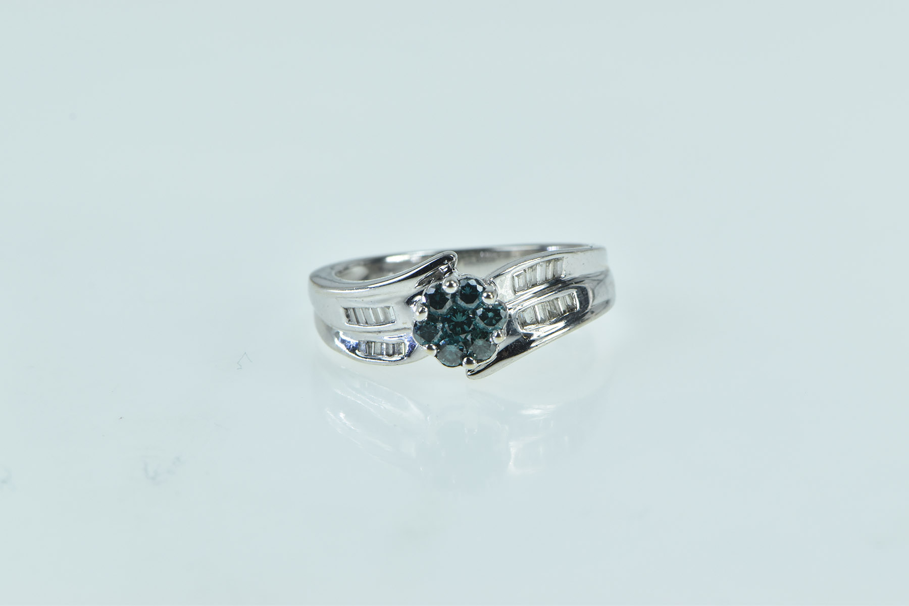 14K Blue & White Diamond Flower Engagement White Gold Ring, Size 7