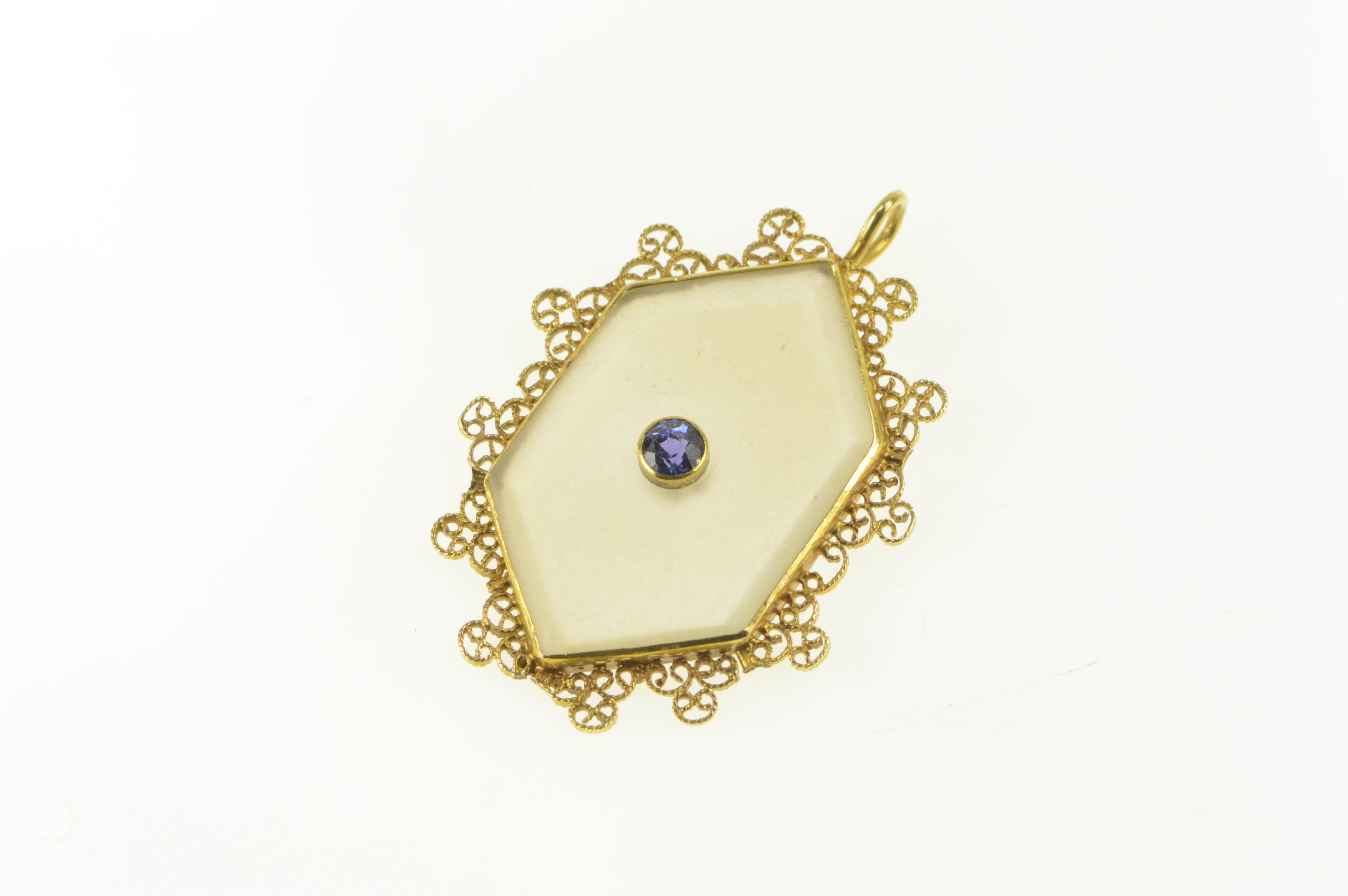 14K Camphor Glass Filigree Trim Sapphire Yellow Gold Pendant