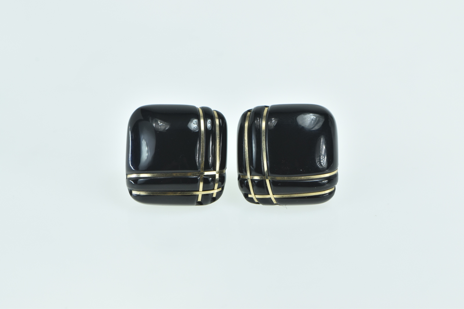 14K Carved Black Onyx Squared Inlay Vintage Yellow Gold Earrings