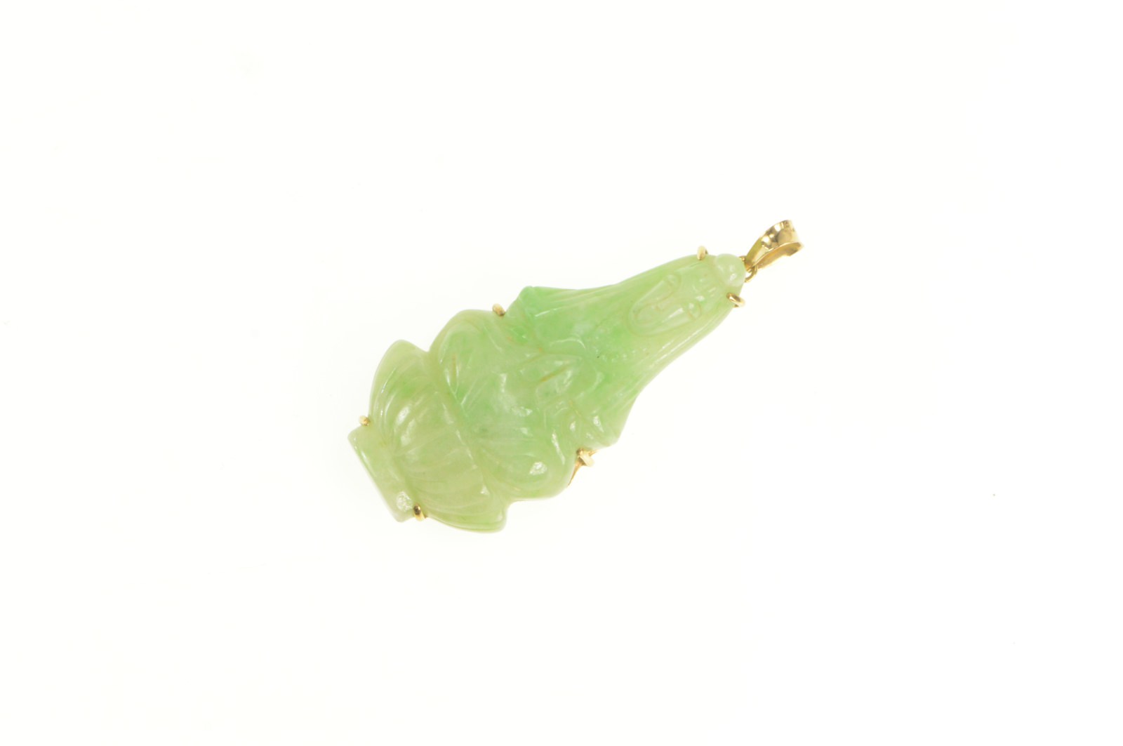 14K Carved Chinese Jade Figure Statement Yellow Gold Pendant