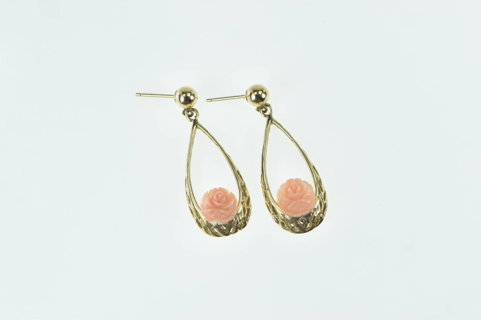 14K Carved Coral Rose Flower Dangle Filigree Yellow Gold Earrings