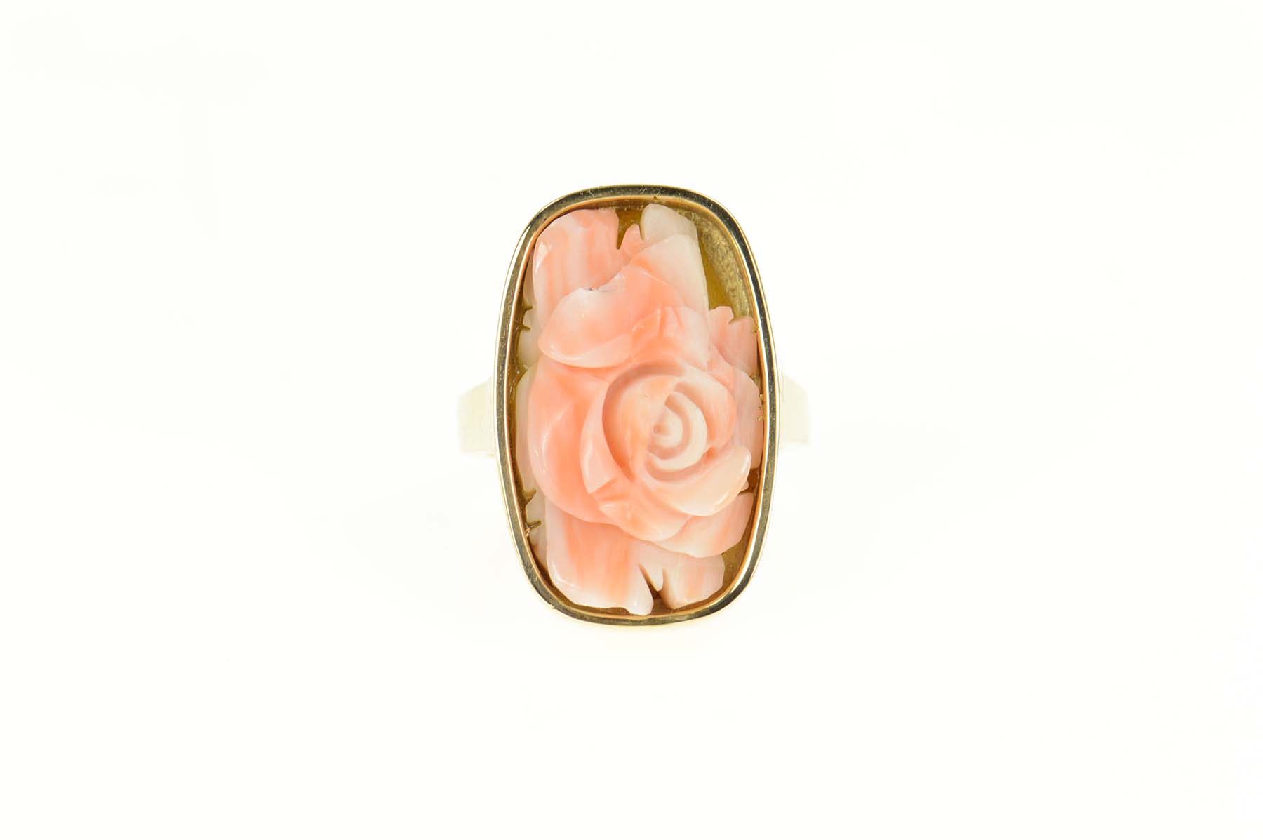 14K Carved Coral Rose Flower Ornate Statement Yellow Gold Ring, Size 7.25