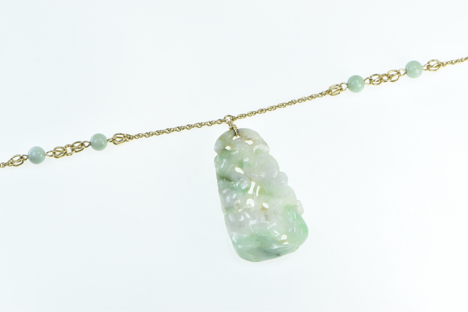 14K Carved Floral Jade Talisman Statement Chain Yellow Gold Necklace 22.25"