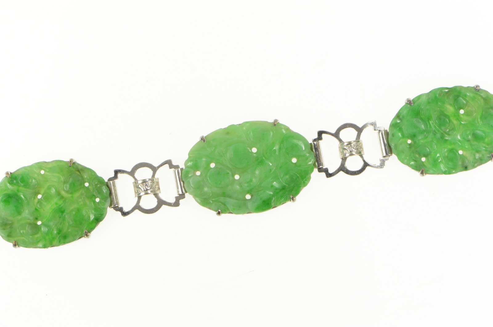 14K Carved Oval Floral Jade Elaborate Statement White Gold Bracelet 7.25"
