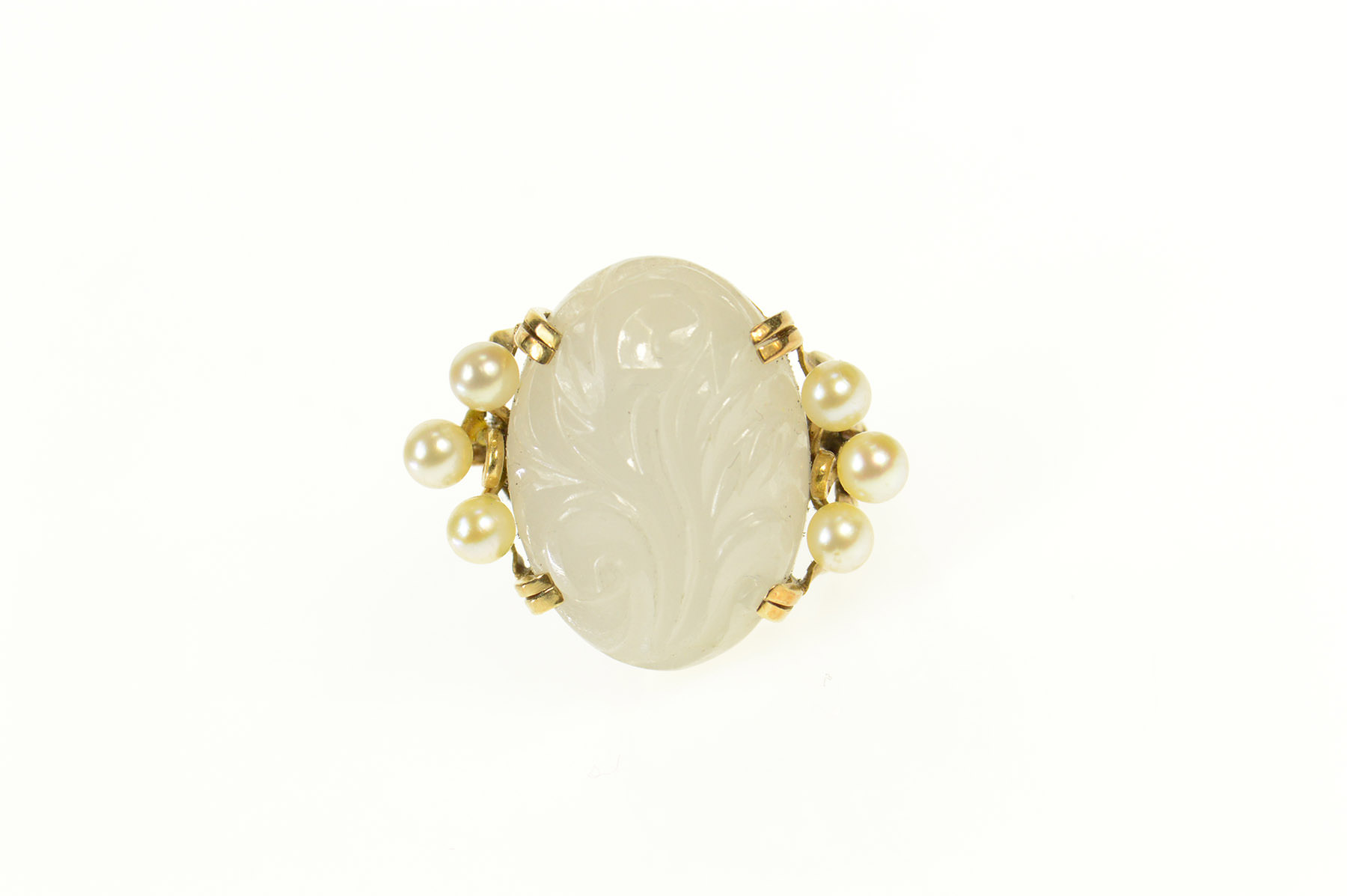 14K Carved Swirl Quartz Retro Pearl Accent Yellow Gold Ring, Size 3.5