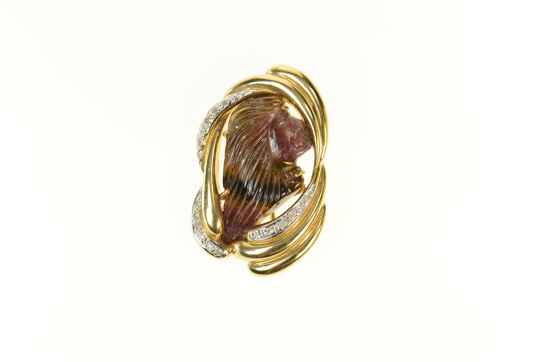 14K Carved Tourmaline Cameo Diamond Swirl Yellow Gold Pendant/Pin