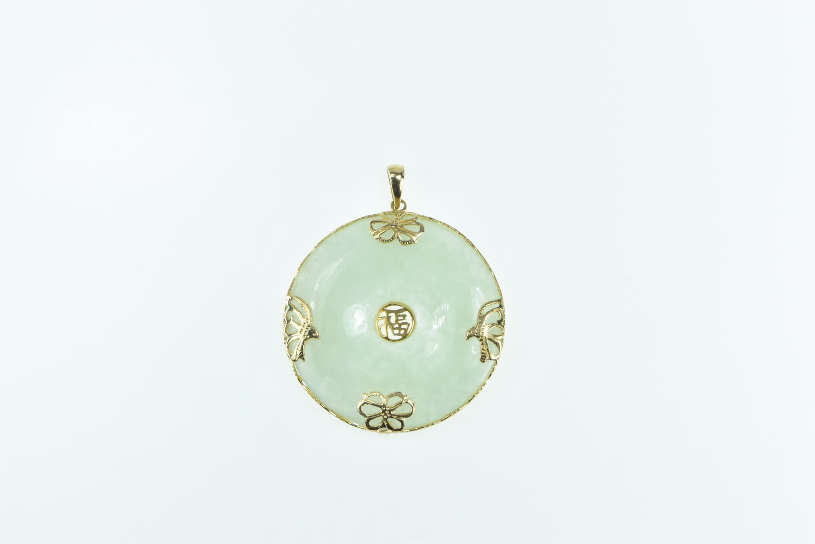 14K Chinese Jade Bi Happiness Fortune Round Yellow Gold Pendant