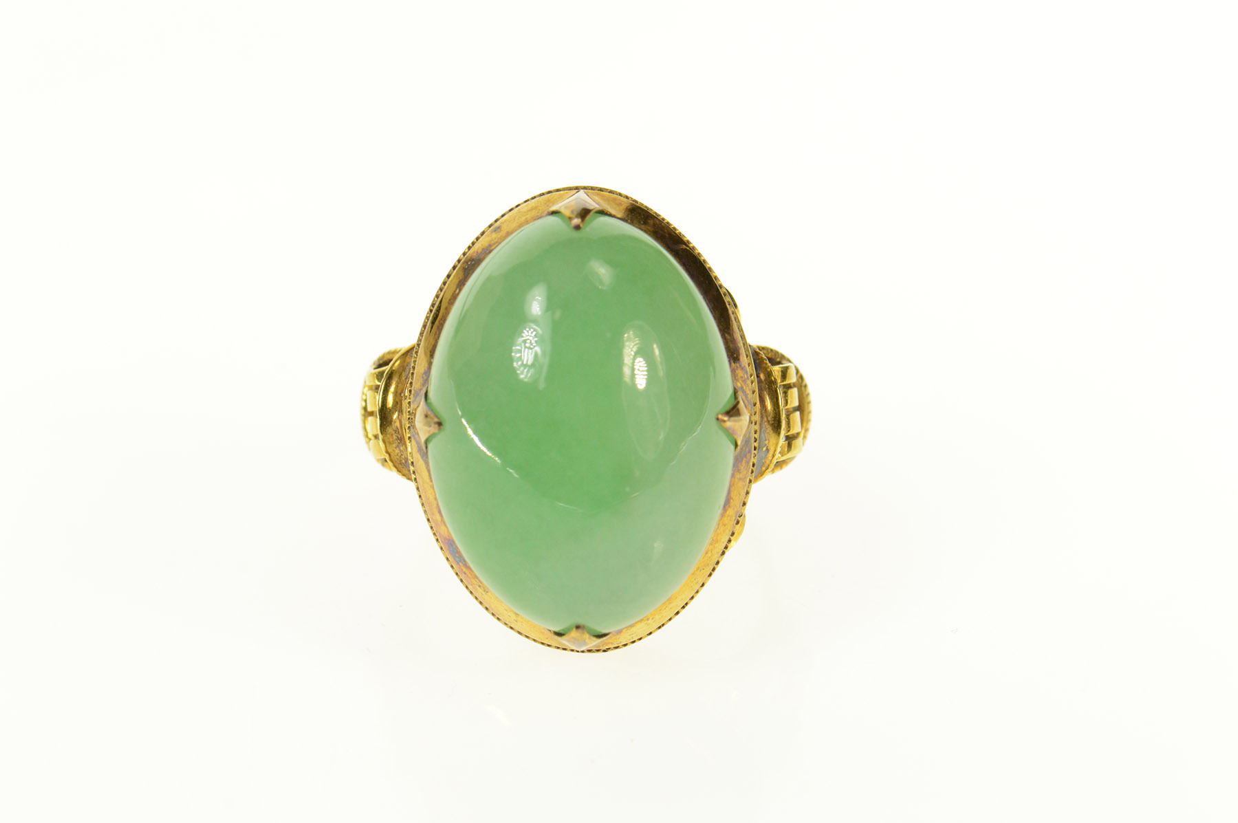 14K Chinese Oval Jade Ornate Statement Cocktail Yellow Gold Ring, Size 8.25