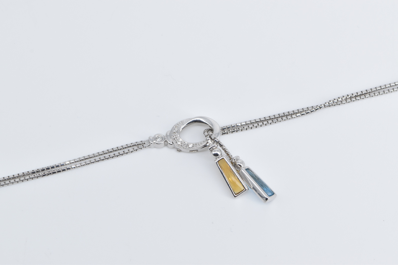 14K Citrine Blue Topaz Diamond Bolo Loop Lavalier White Gold Necklace 40"