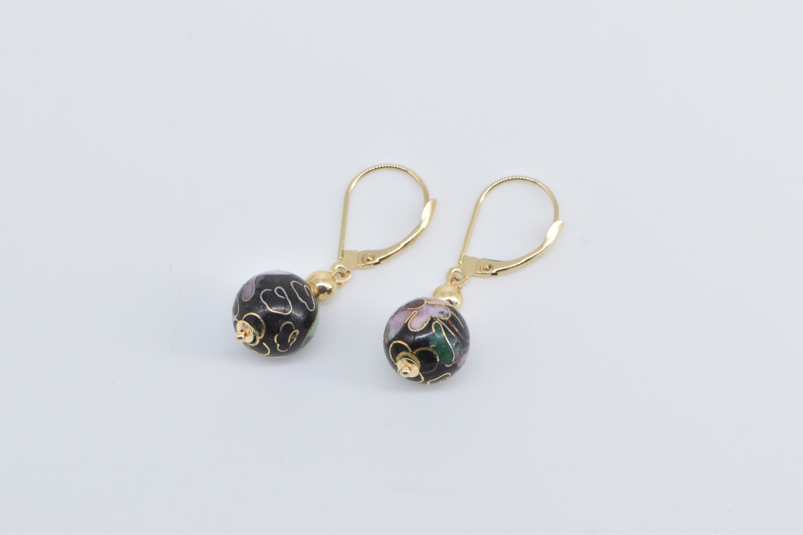 14K Cloisonne Enamel Floral Ball Vintage Dangle Yellow Gold Earrings