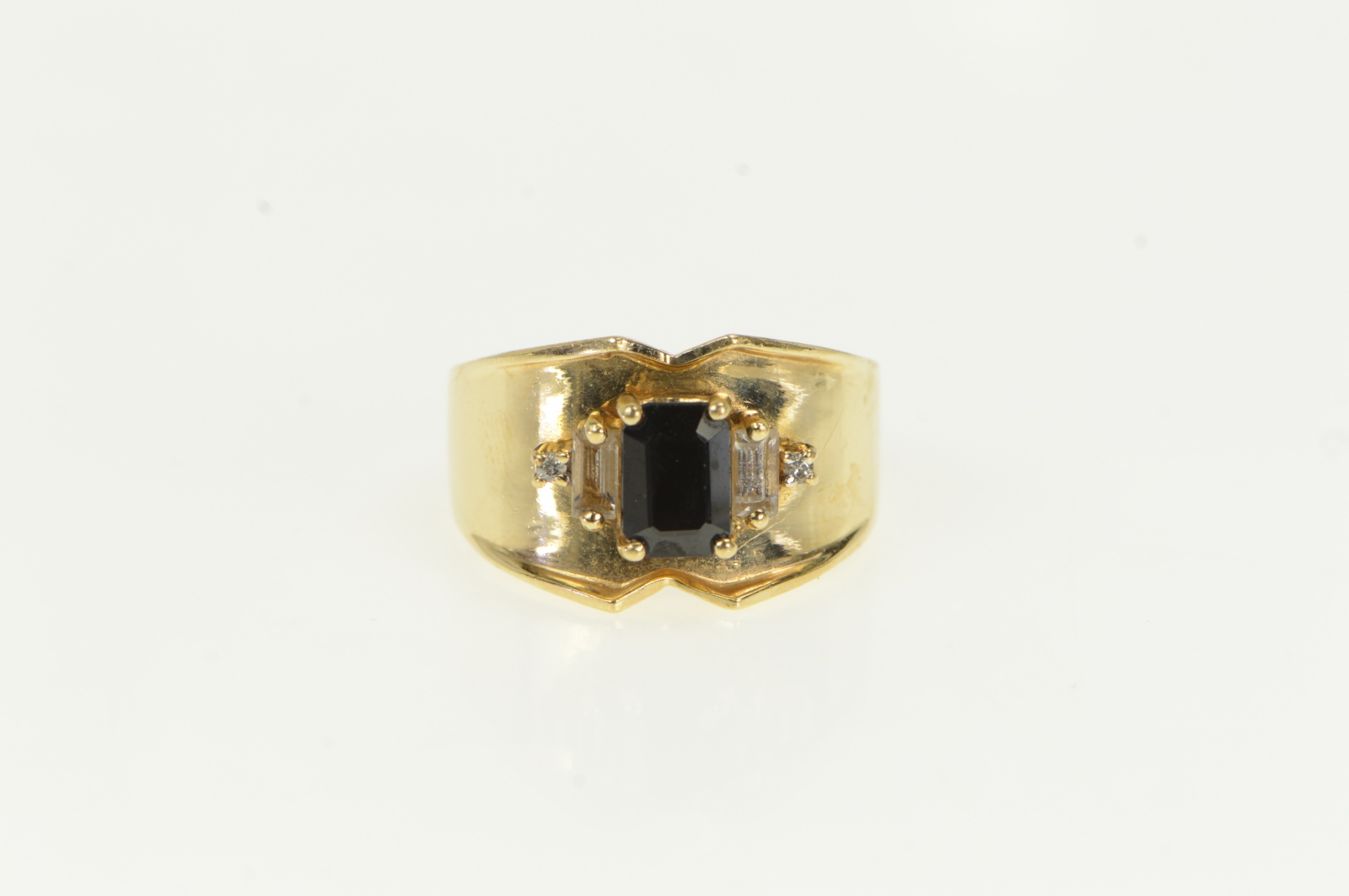 14K Dark Green Blue & White Sapphire Wide Yellow Gold Ring, Size 8