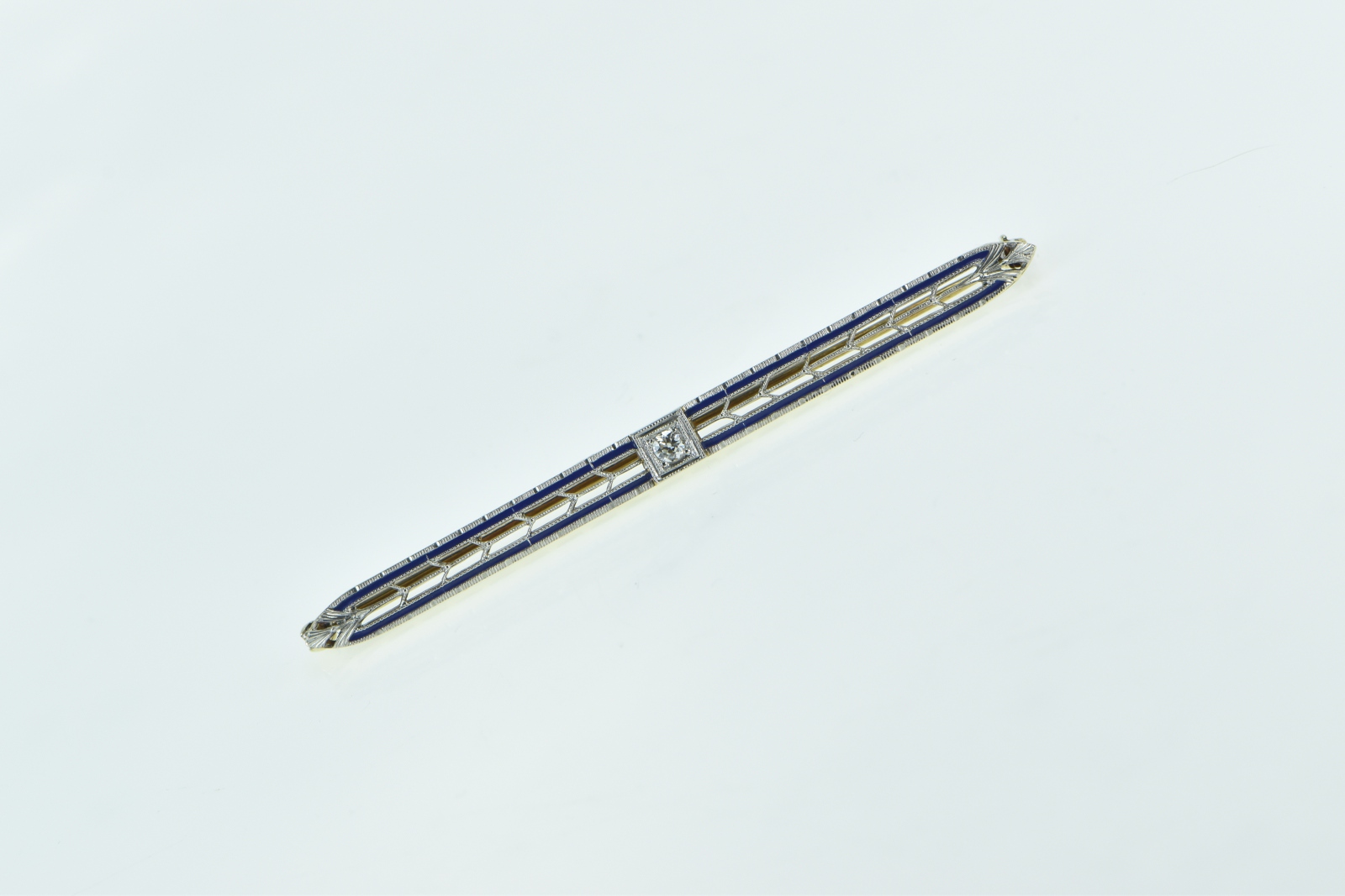 14K Diamond Art Deco Filigree Enamel Ornate Bar Yellow Gold Pin/Brooch