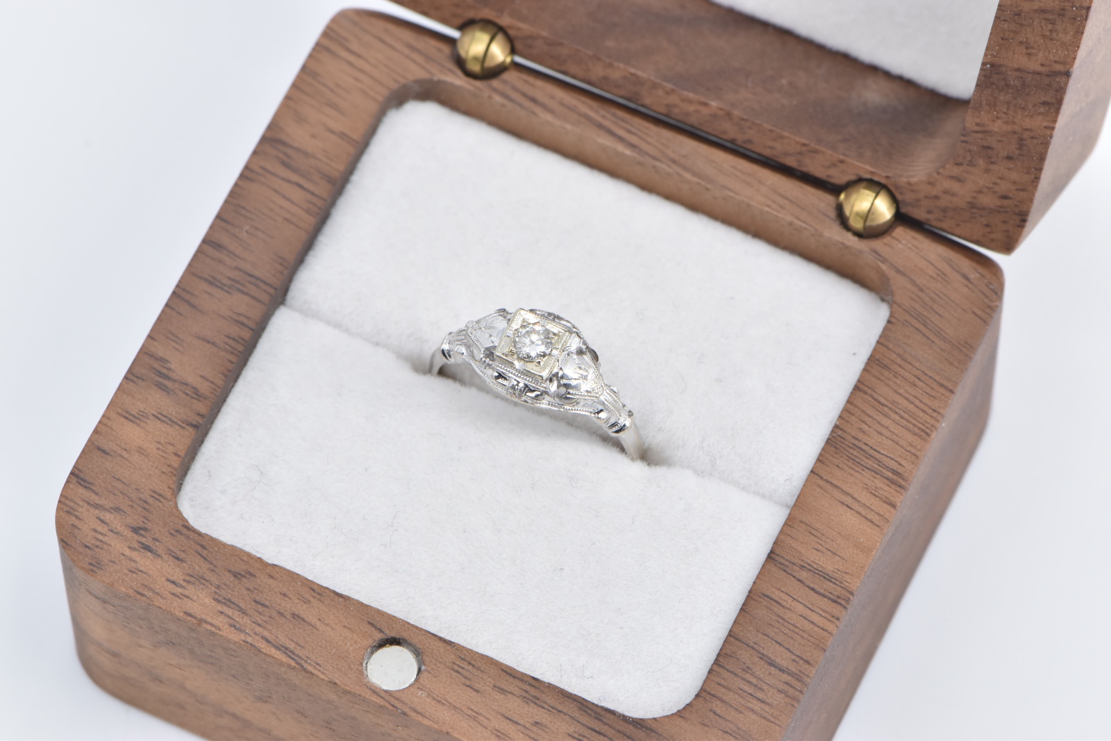 14K Diamond Art Deco Filigree Engagement White Gold Ring, Size 5