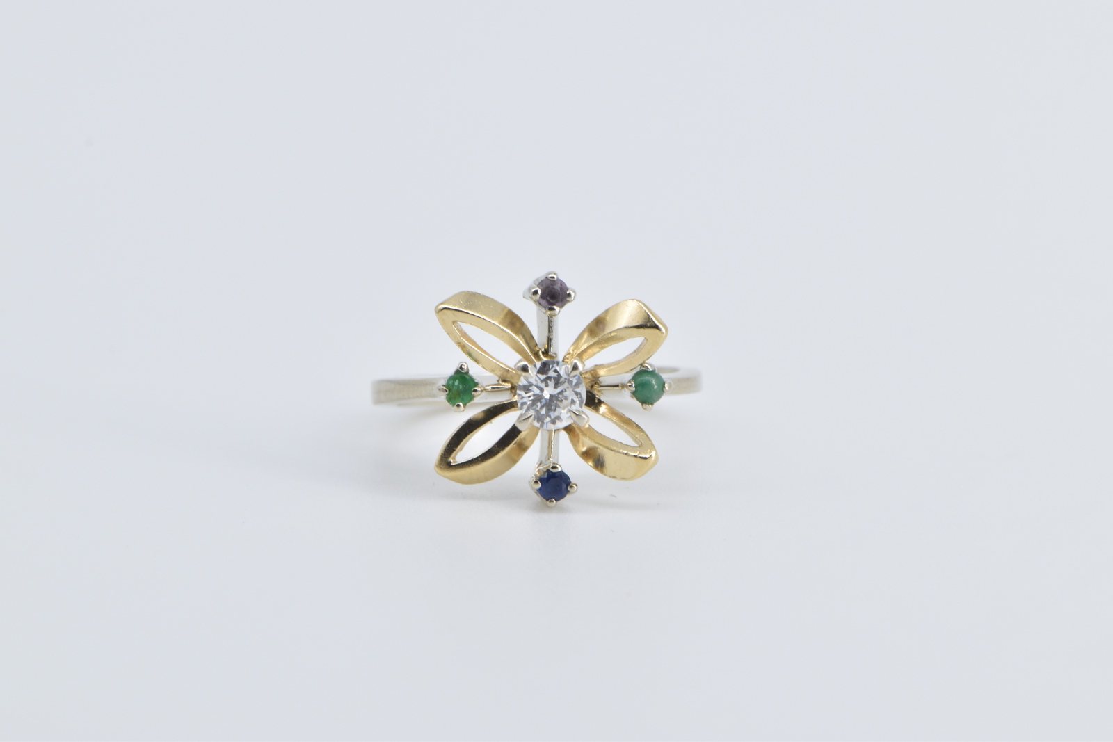 14K Diamond Emerald Ruby Sapphire Flower Yellow Gold Ring, Size 4.75