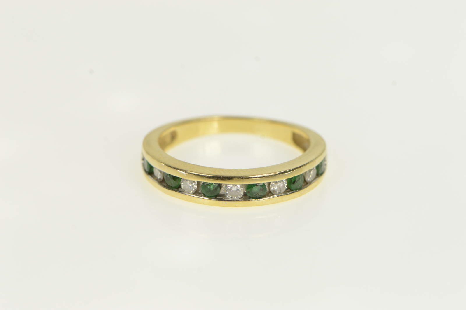 14K Diamond Emerald Vintage Wedding Band Yellow Gold Ring, Size 7