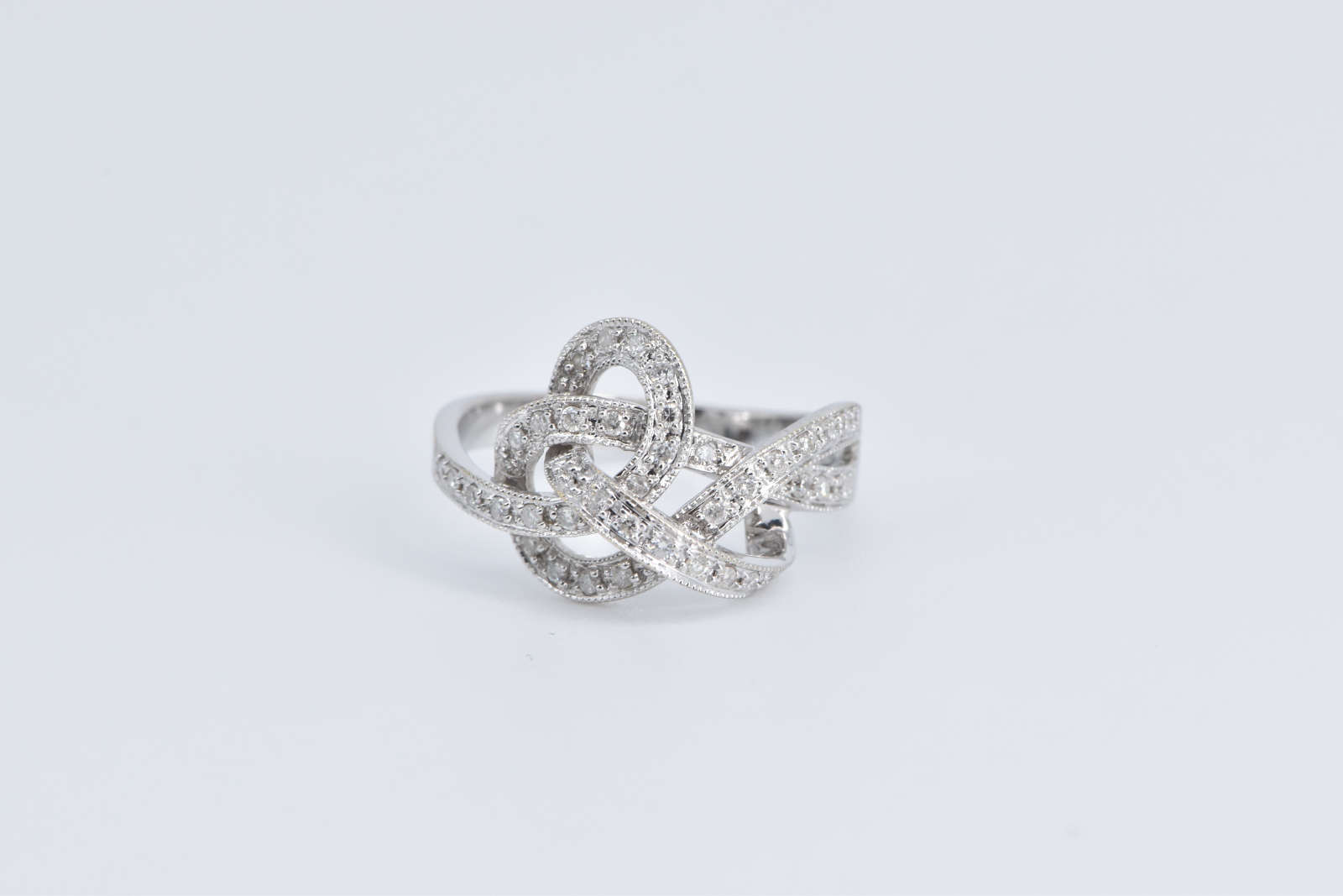 14K Diamond Encrusted Loop Knot Spiral Intertwined White Gold Ring, Size 7.5