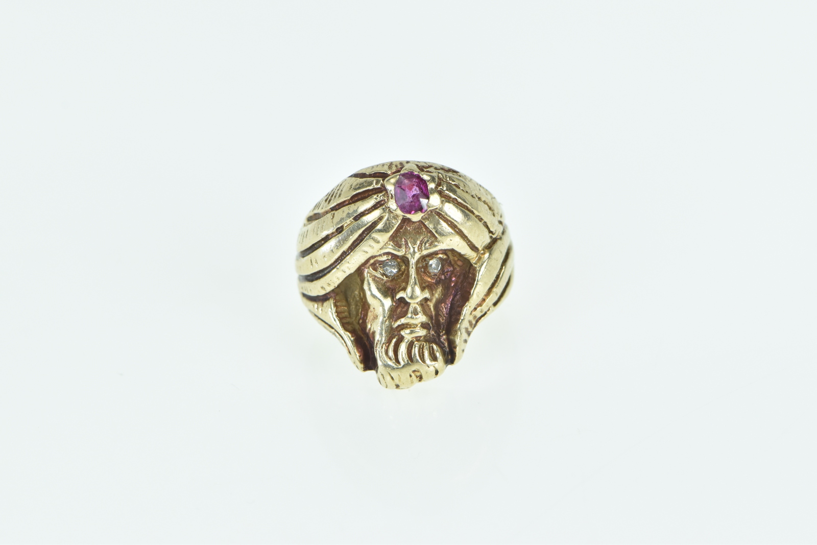 14K Diamond Eyed Ruby Turban Jafar Statement Yellow Gold Ring, Size 4.25