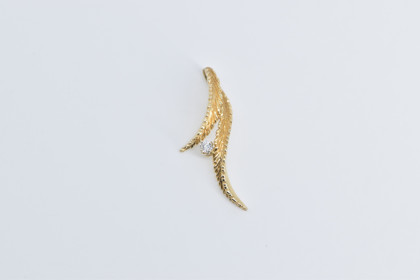 14K Diamond Leaf Curved Palm Frond Drop Yellow Gold Pendant