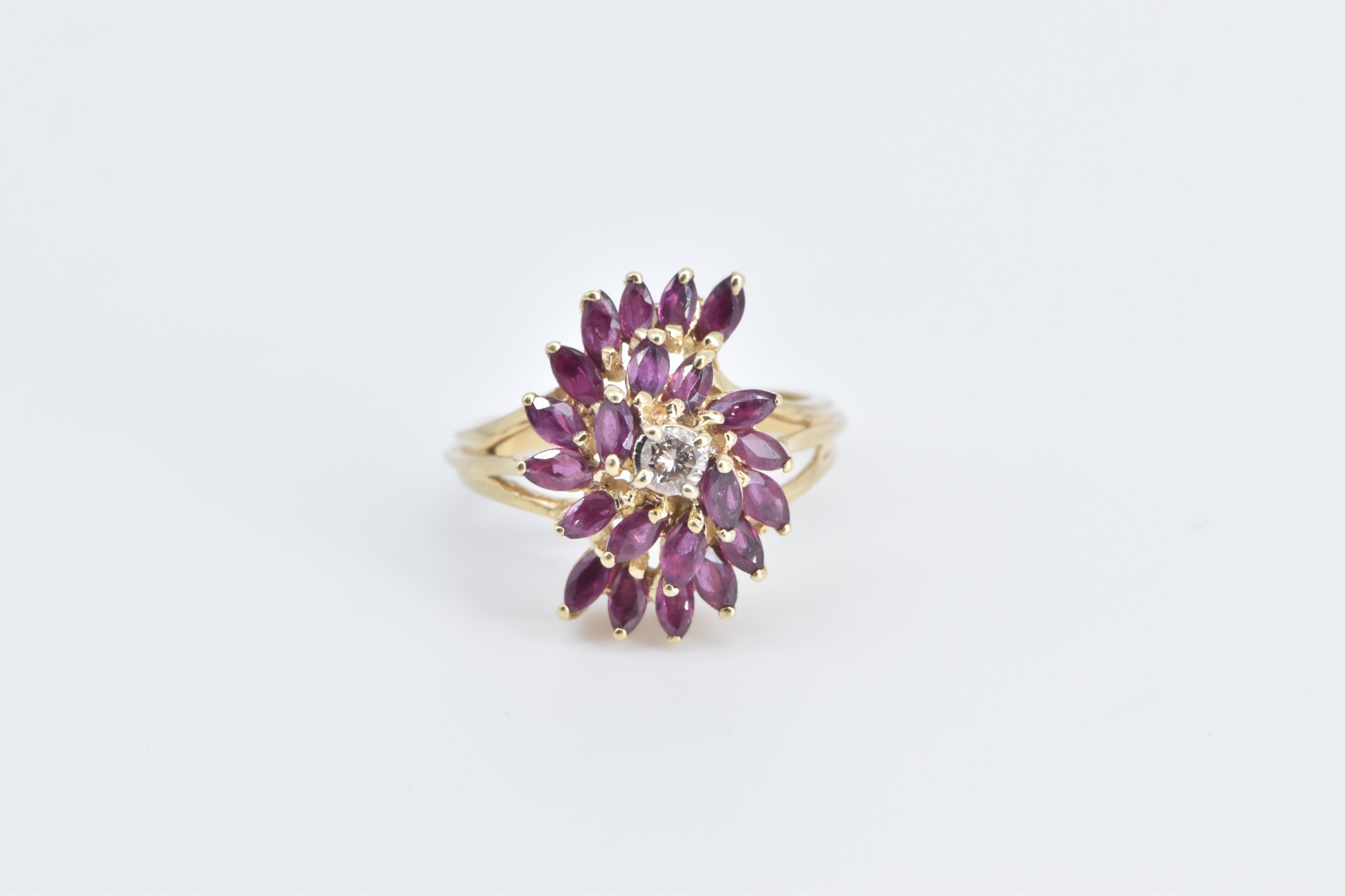 14K Diamond Marquise Natural Ruby Spiral Cluster Yellow Gold Ring, Size 8.25