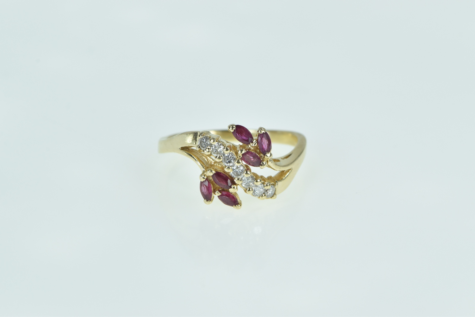 14K Diamond Marquise Ruby Wavy Cluster Yellow Gold Ring, Size 8.25