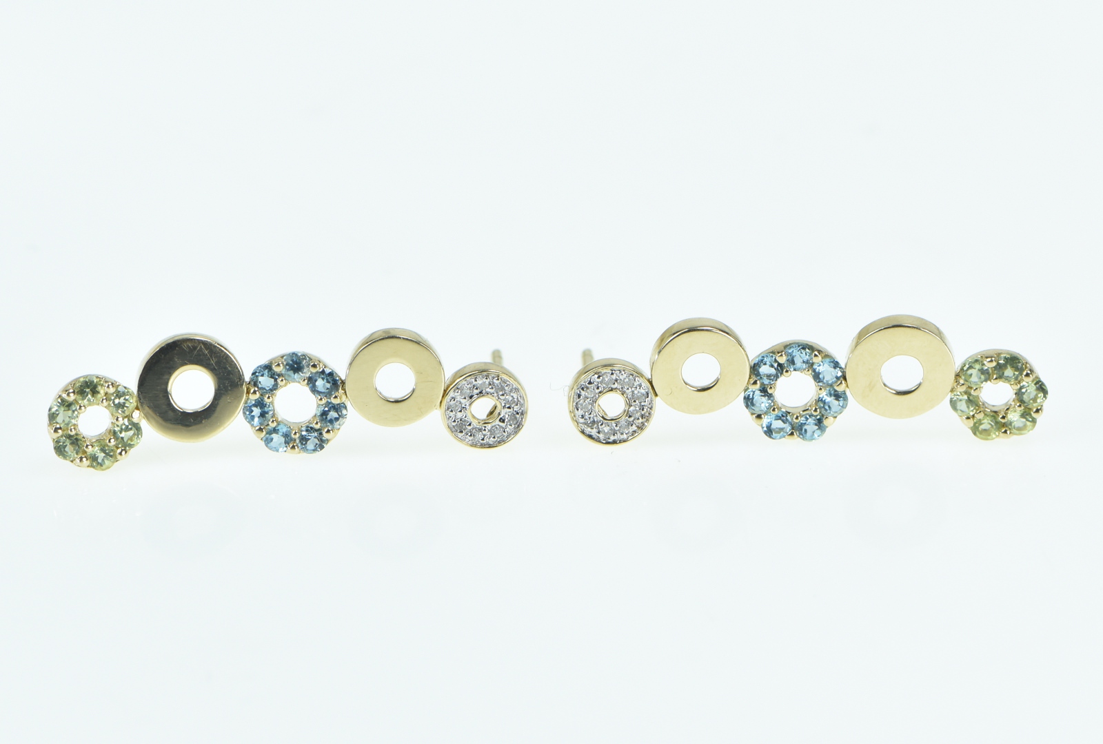14K Diamond Peridot Blue Topaz Circle Dangle Yellow Gold Earrings