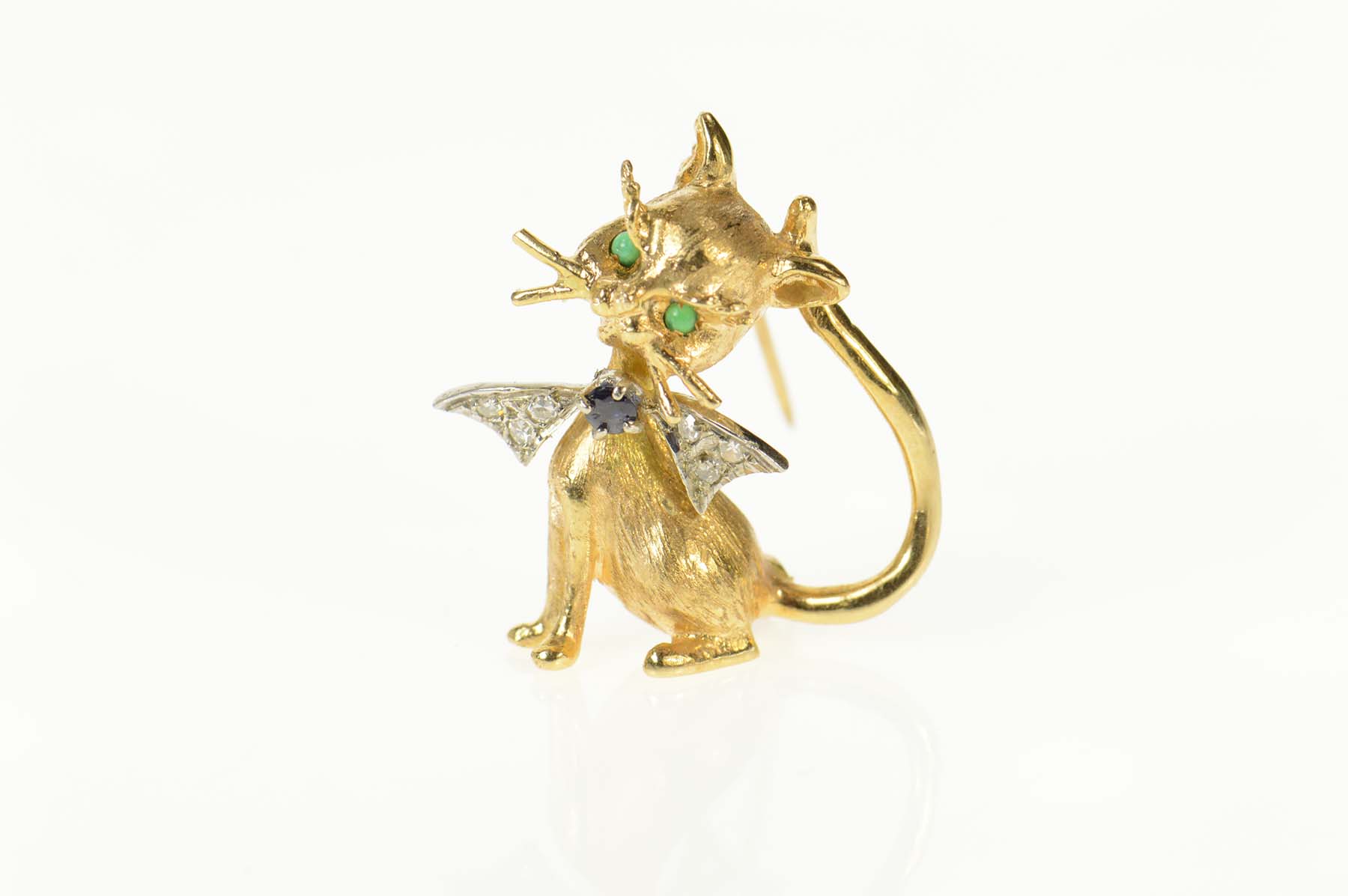 14K Diamond Sapphire Emerald Cat Kitty Retro Yellow Gold Pin/Brooch