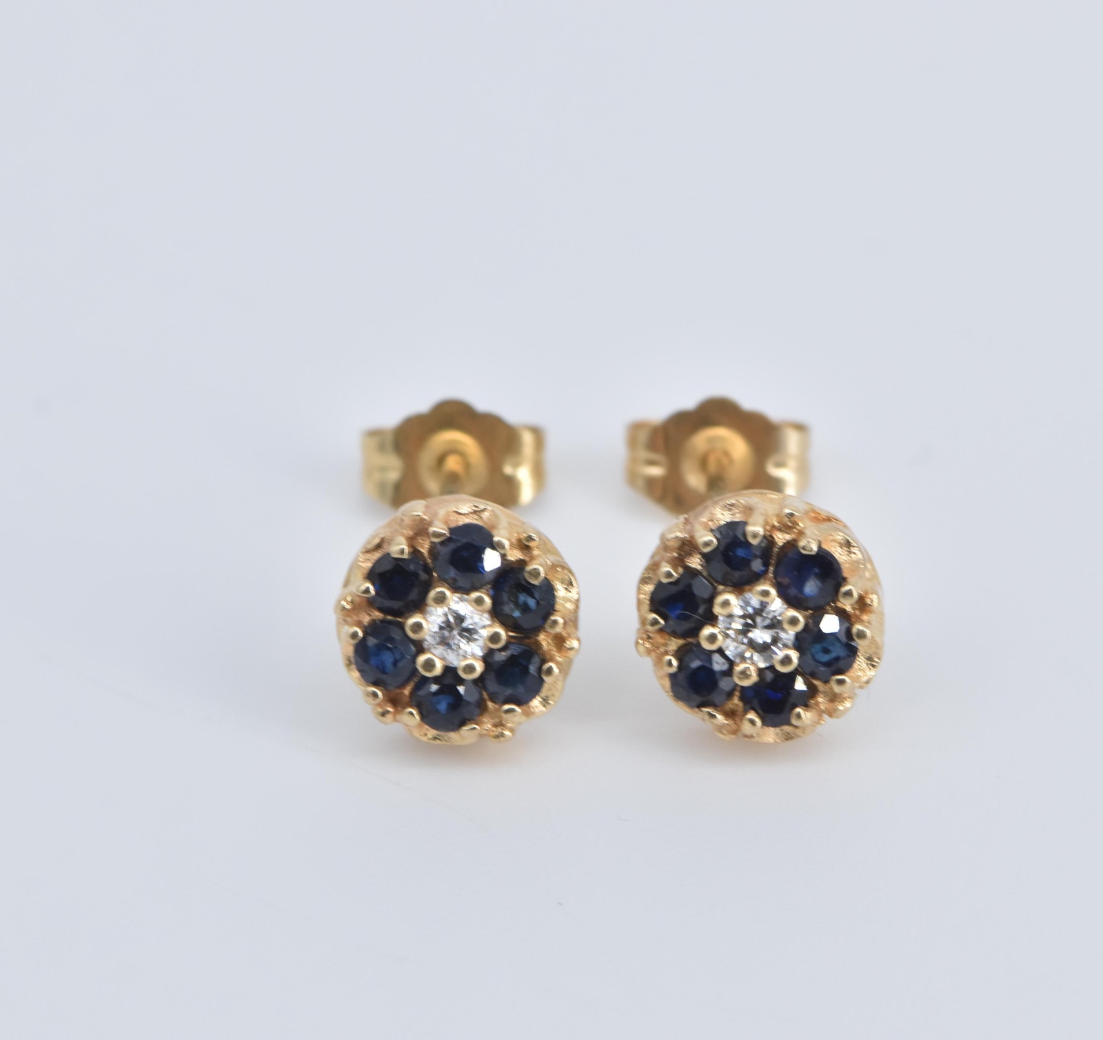 14K Diamond Sapphire Halo Flower Stud Vintage Yellow Gold Earrings