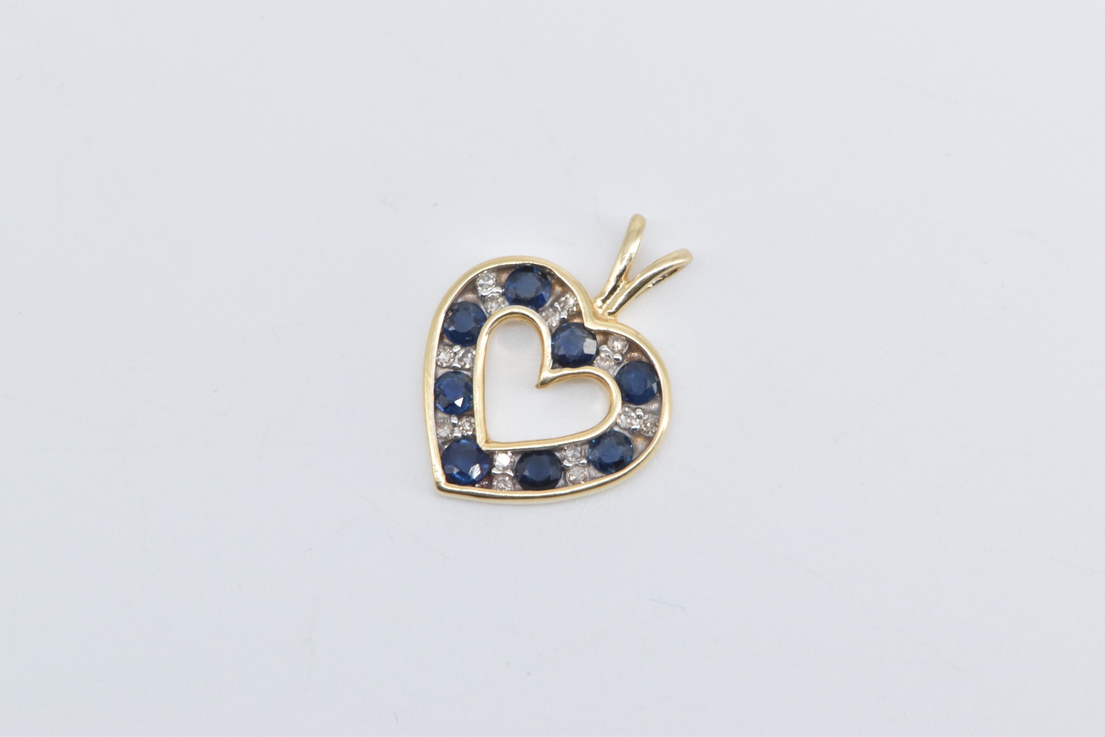 14K Diamond Sapphire Heart Love Symbol Yellow Gold Pendant