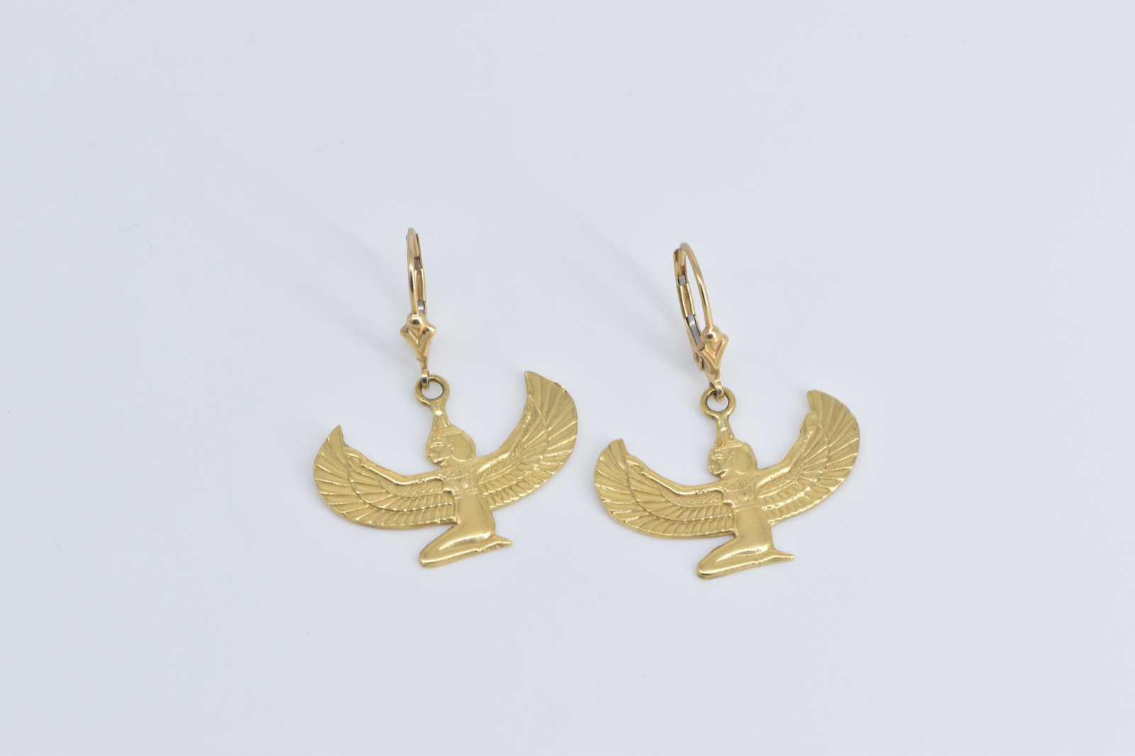 14K Egyptian Isis Goddess Dangle Lever Back Yellow Gold Earrings