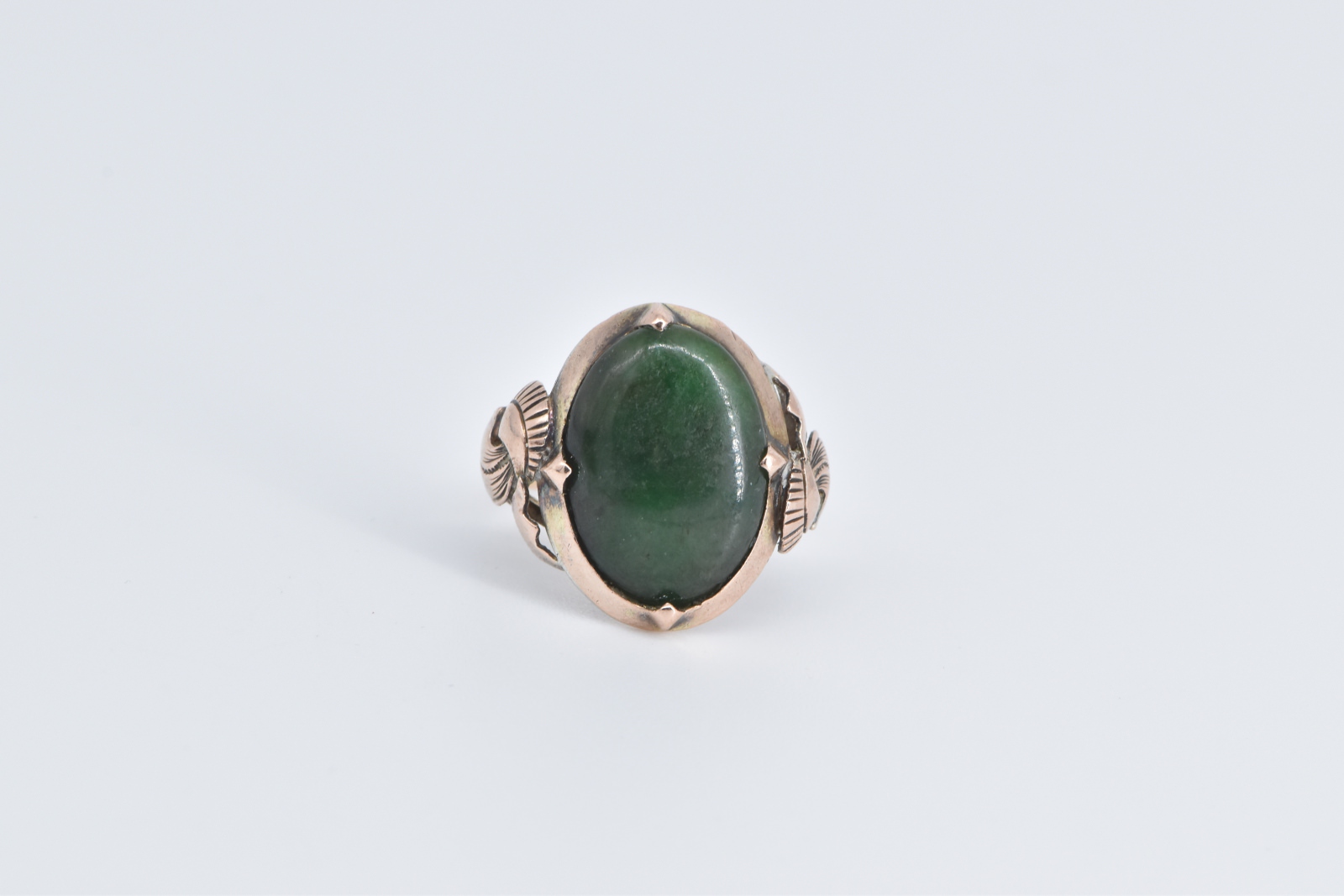 14K Egyptian Revival Ornate Green Stone Swirl Rose Gold Ring, Size 5.5