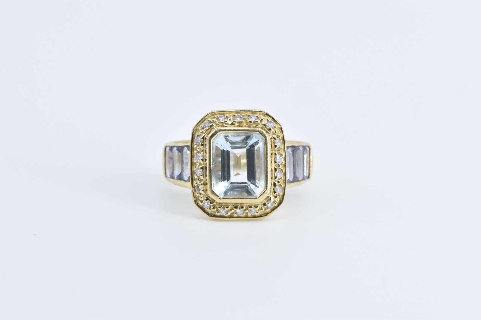 14K Emerald Blue Topaz Diamond Halo Tanzanite Yellow Gold Ring, Size 6.75