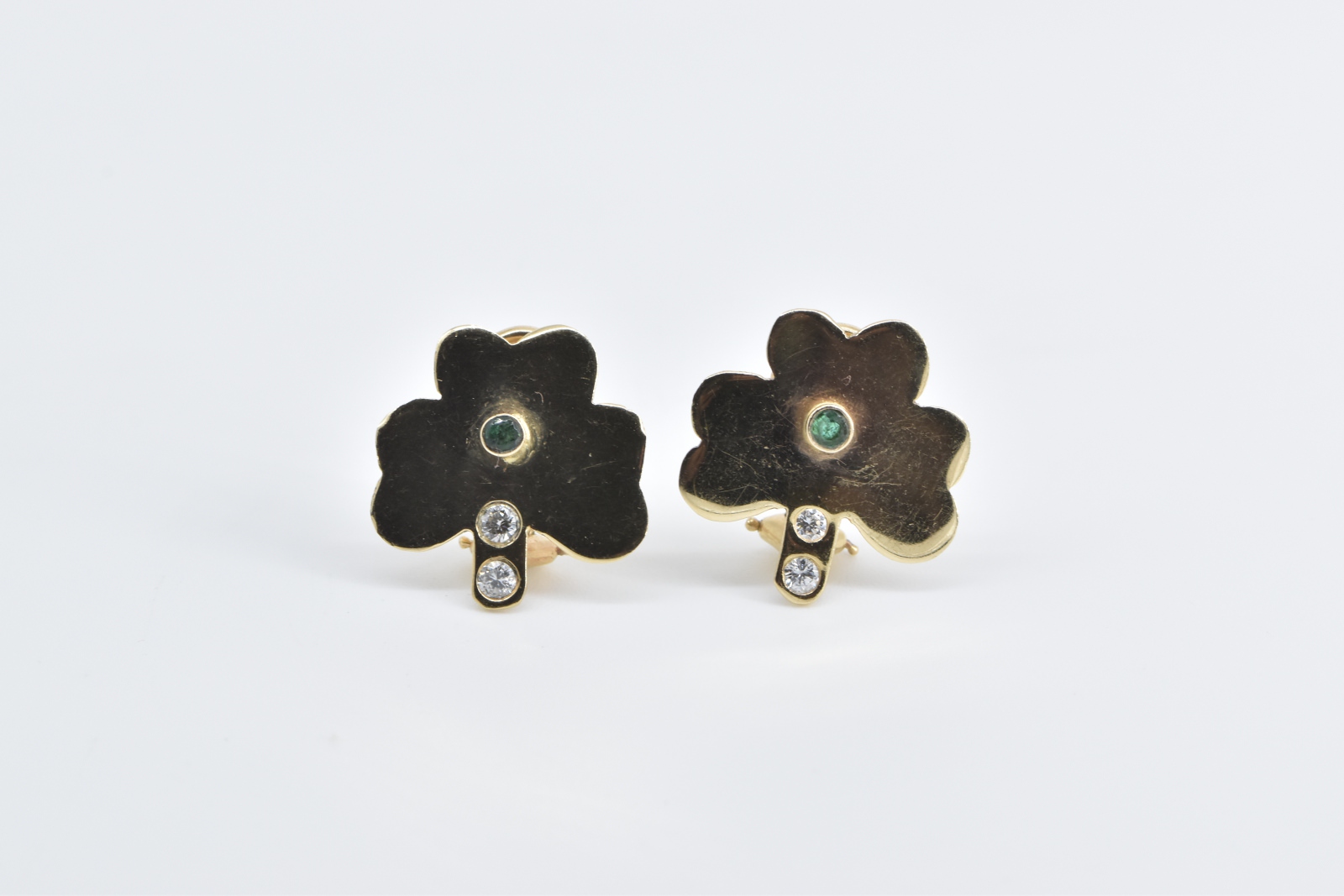 14K Emerald Clover Diamond Shamrock French Clip Yellow Gold Earrings