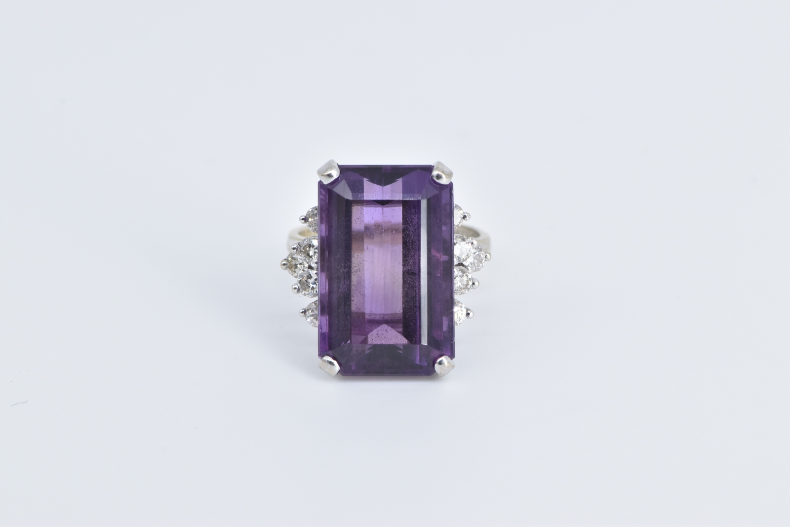 14K Emerald Cut Amethyst Diamond Accent Cocktail White Gold Ring, Size 3.75