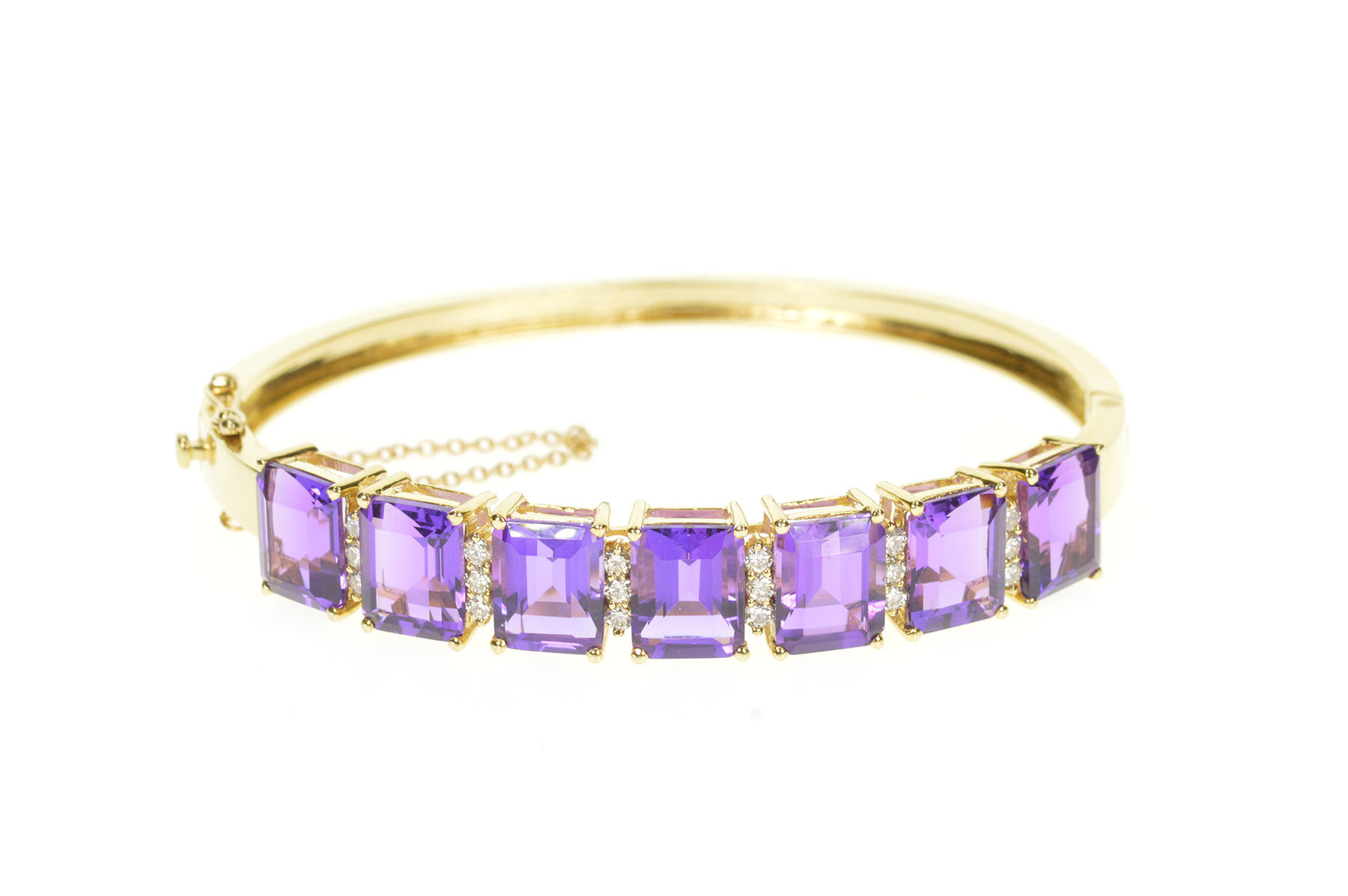 14K Emerald Cut Amethyst Diamond Inset Bangle Yellow Gold Bracelet 7.25 ...