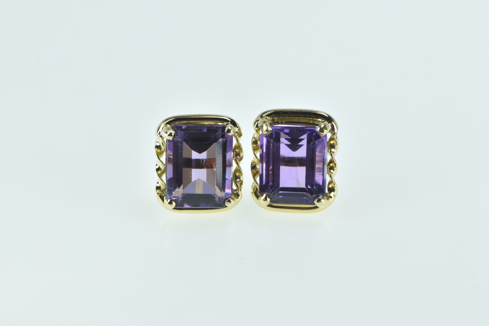 14K Emerald Cut Amethyst Vintage Solitaire Stud Yellow Gold Earrings