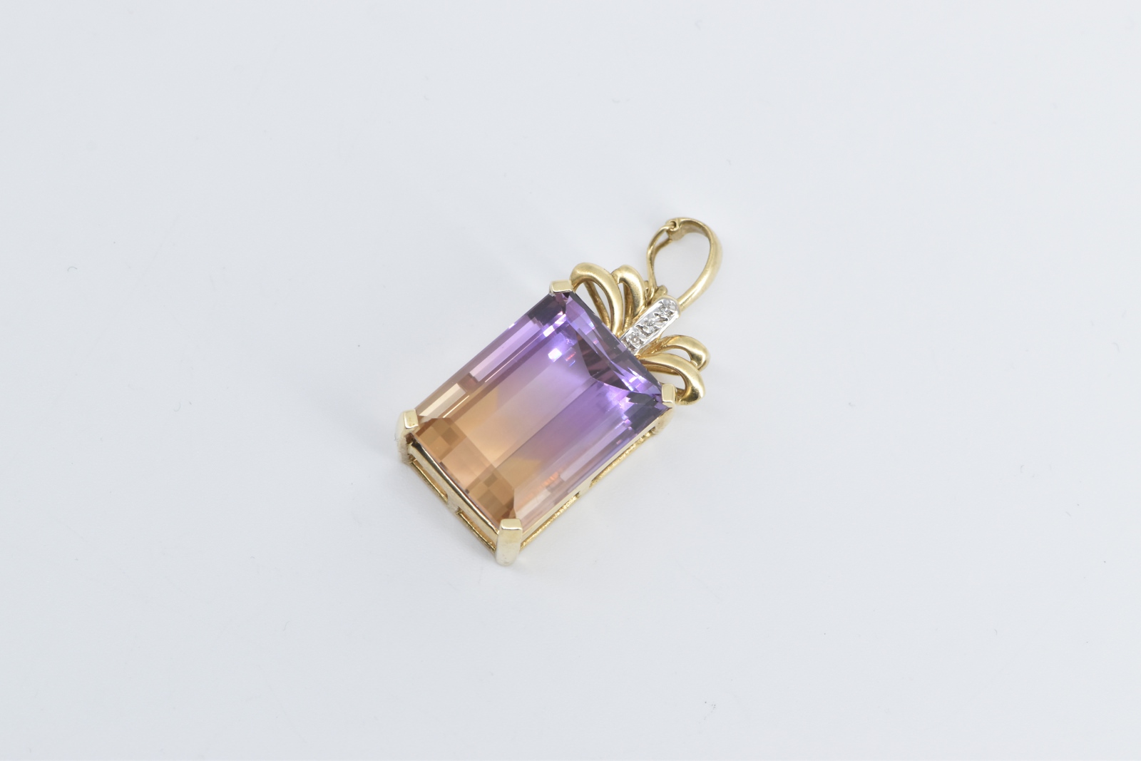 14K Emerald Cut Ametrine Diamond Ornate Vintage Yellow Gold Pendant