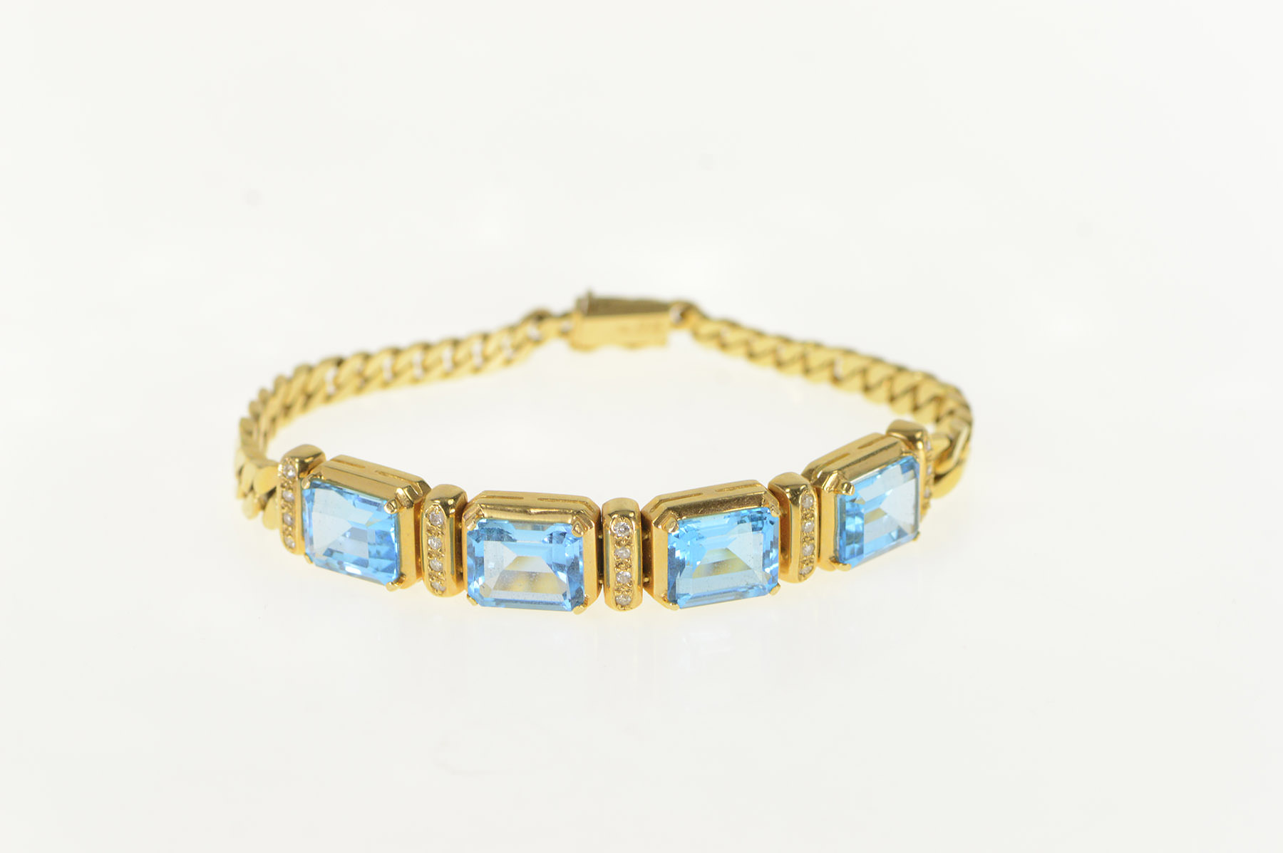 14K Emerald Cut Blue Topaz Diamond Chain Yellow Gold Bracelet 7"