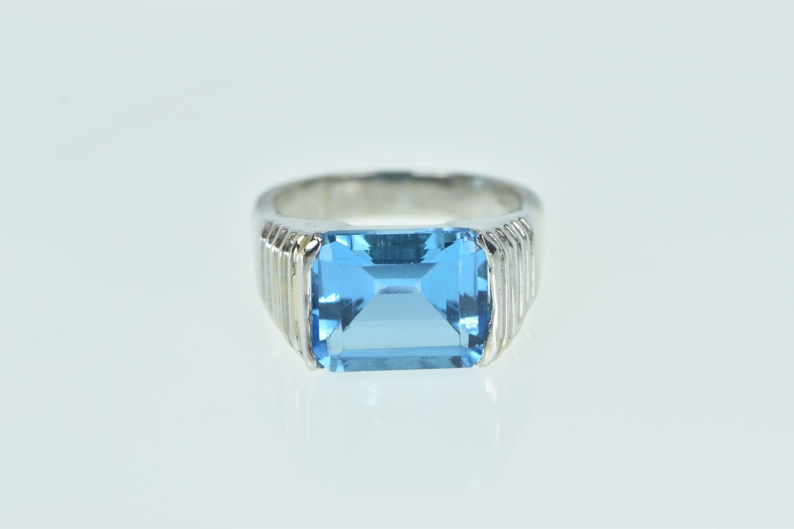 14K Emerald Cut Blue Topaz Squared Statement White Gold Ring, Size 7.5