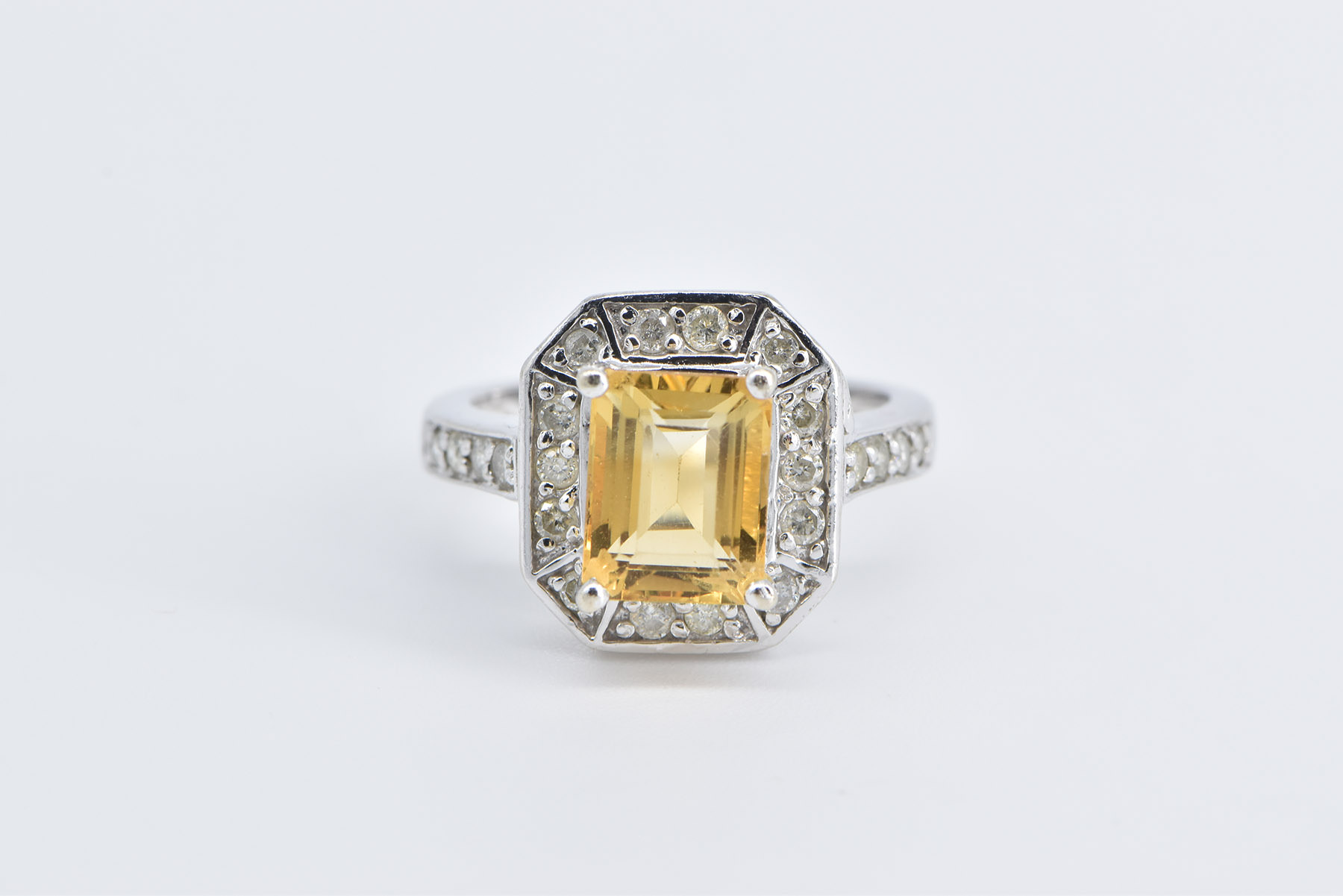 14K Emerald Cut Citrine Diamond Halo Statement White Gold Ring, Size 6.5
