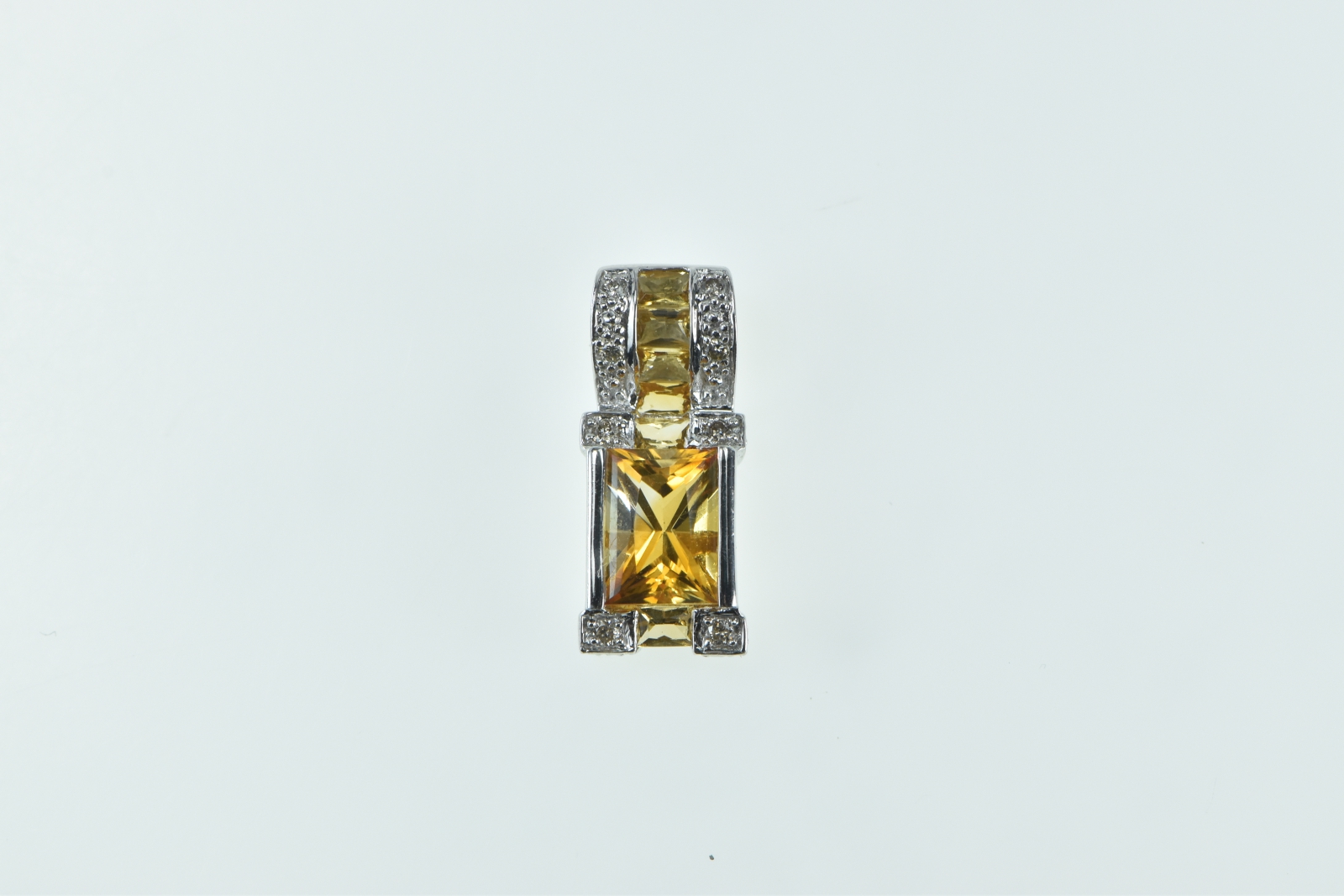 14K Emerald Cut Citrine Ornate Statement White Gold Pendant