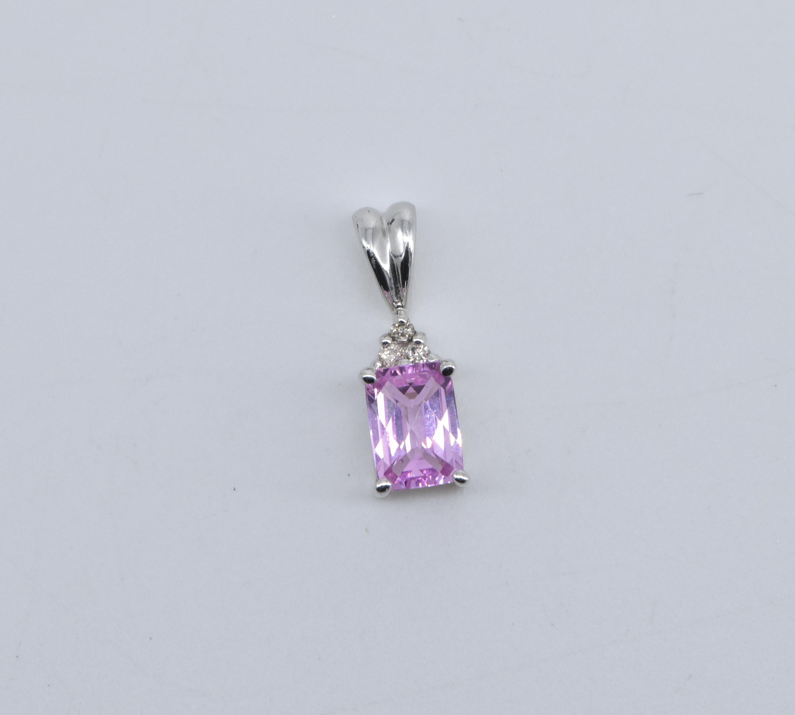 14K Emerald Cut Pink Topaz Diamond Accent White Gold Pendant