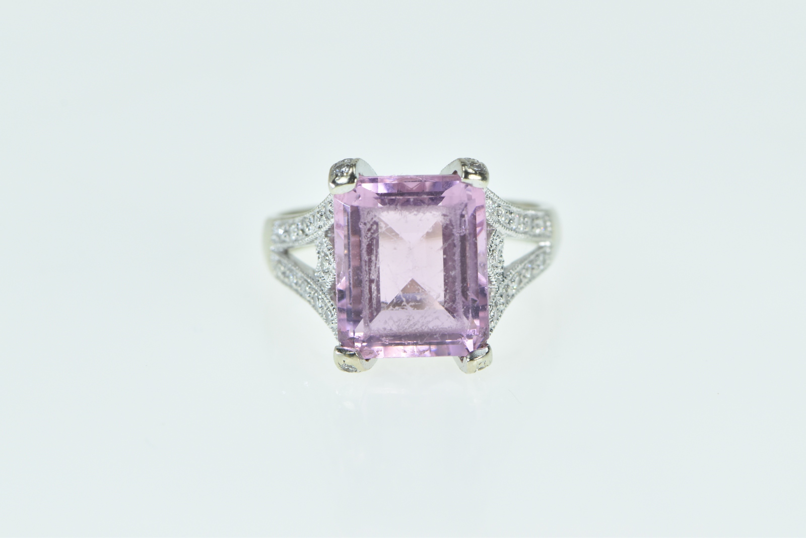 14K Emerald Cut Pink Topaz Diamond Encrusted White Gold Ring, Size 6.75