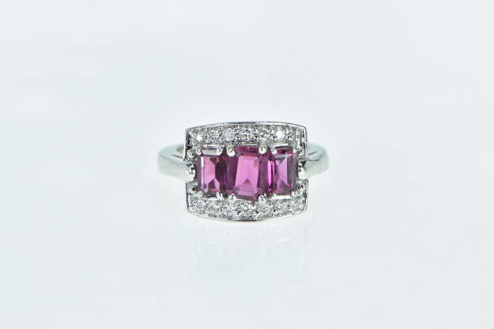 14K Emerald Cut Purple Tourmaline Diamond Halo White Gold Ring, Size 7