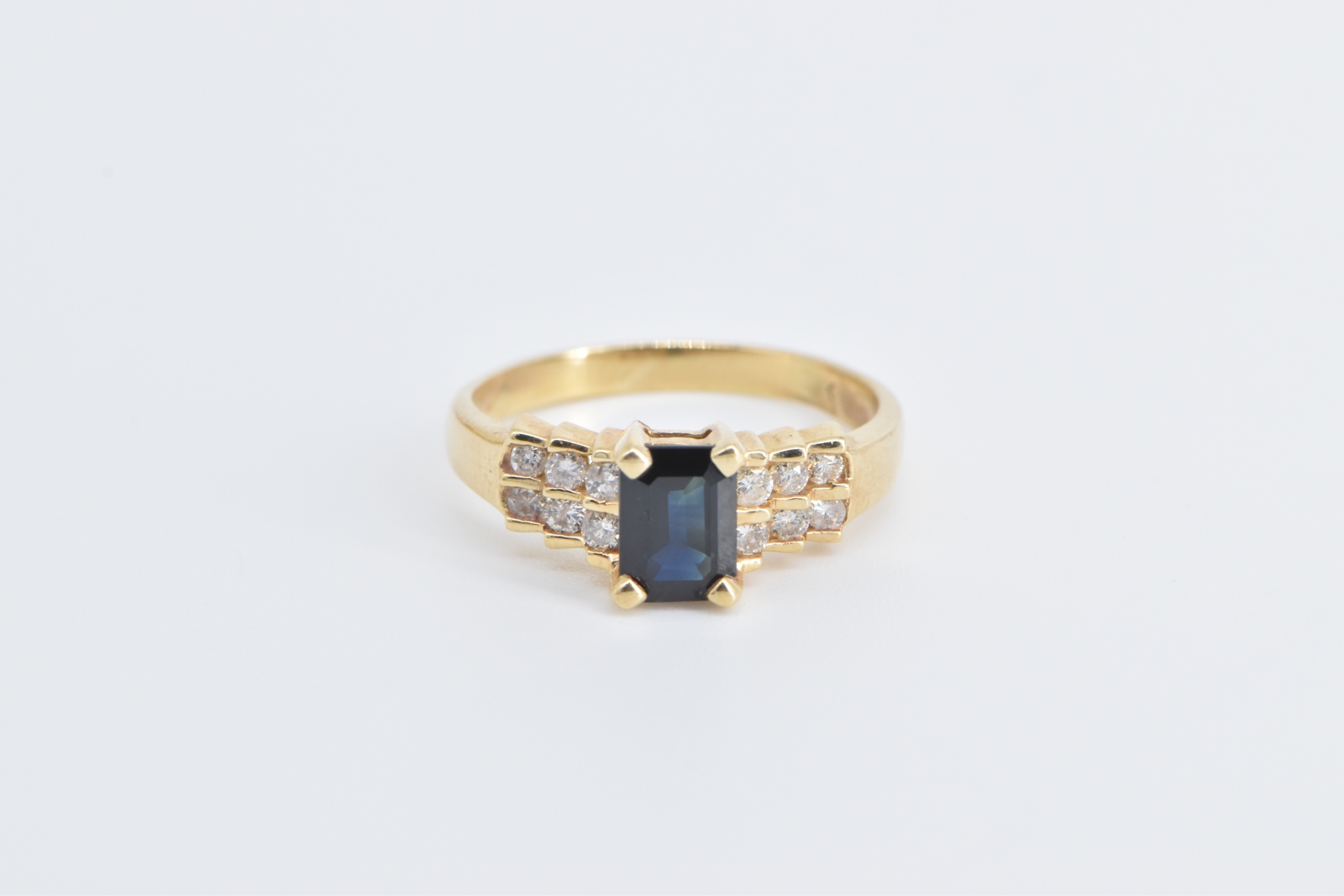 14K Emerald Cut Sapphire Diamond Accent Vintage Yellow Gold Ring, Size 7.5