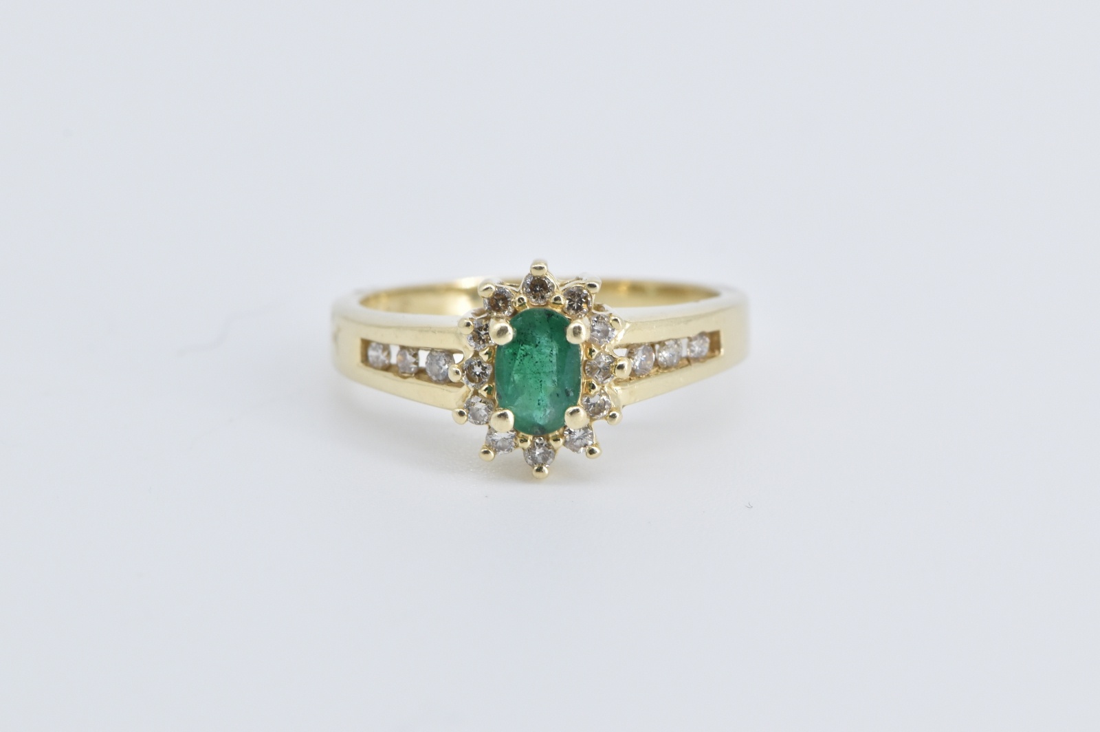 14K Emerald Natural Diamond Halo Engagement Yellow Gold Ring, Size 6.25