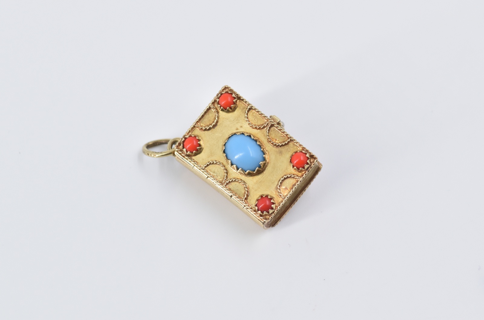 14K Etruscan Revival Turquoise Coral Book Locket Yellow Gold Charm/Pendant