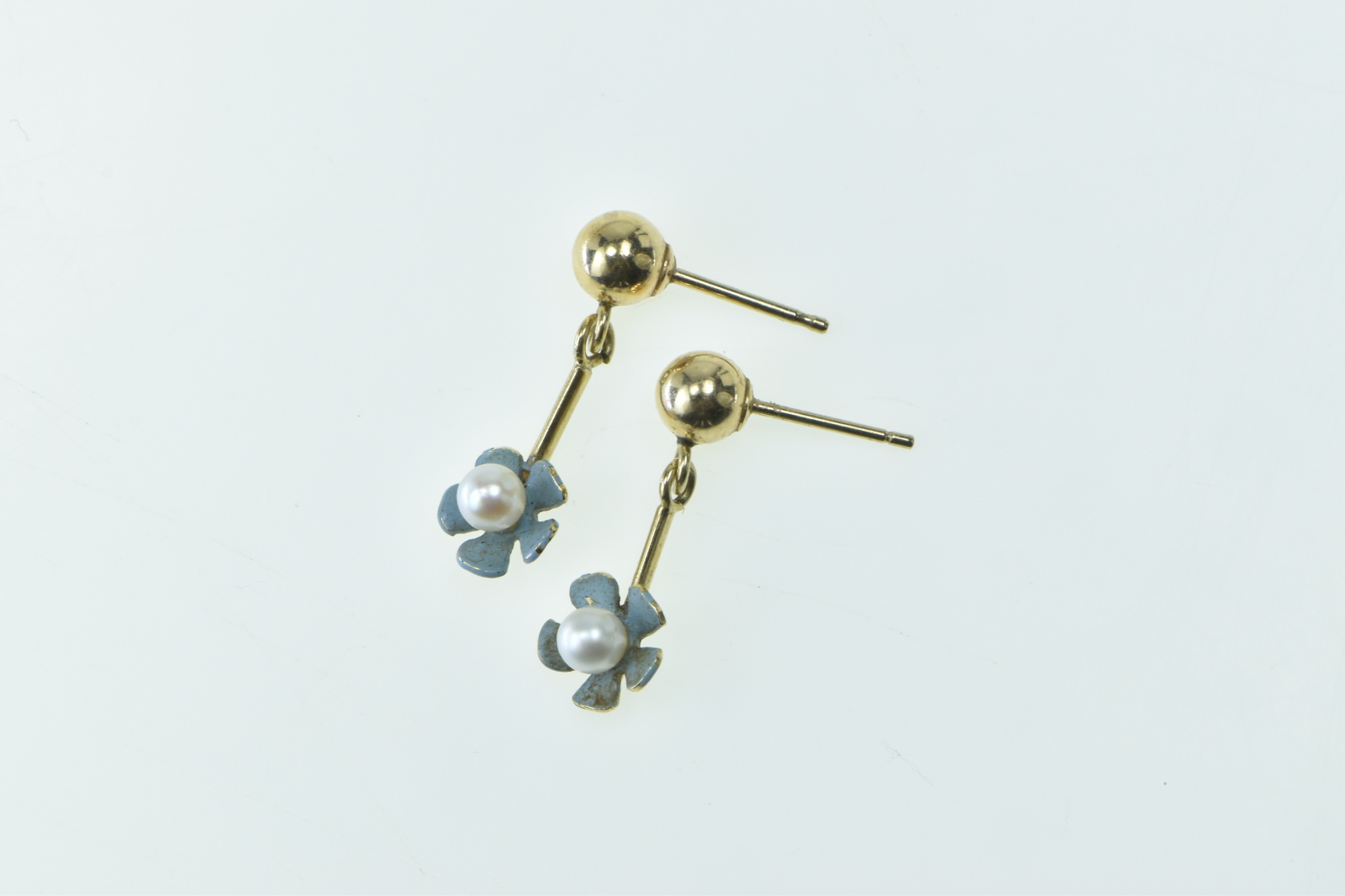 14K Forget Me Not Enamel Flower Pearl Dangle Yellow Gold Earrings