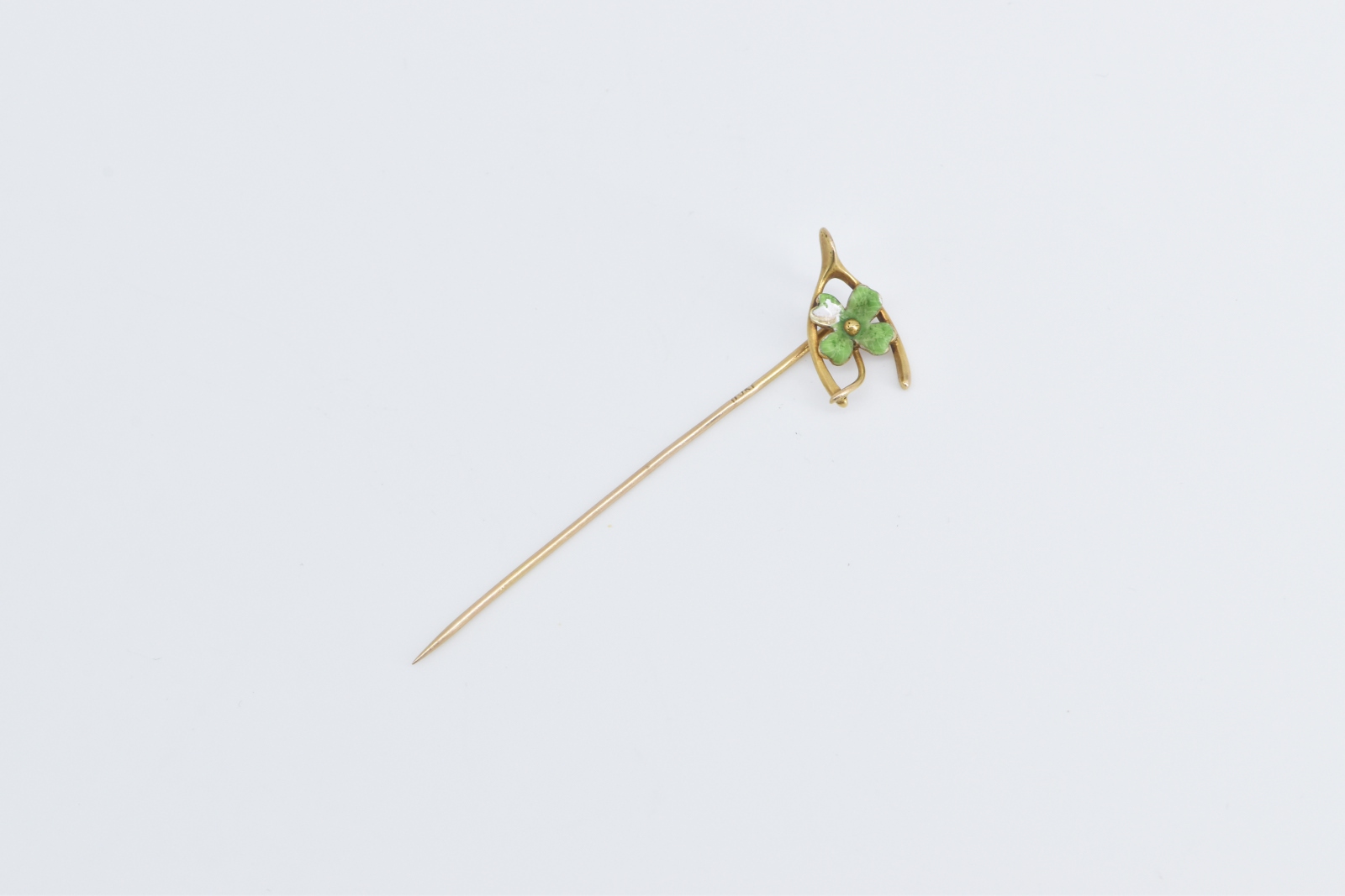 14K Four Leaf Clover Enamel Victorian Lucky Yellow Gold Stick Pin