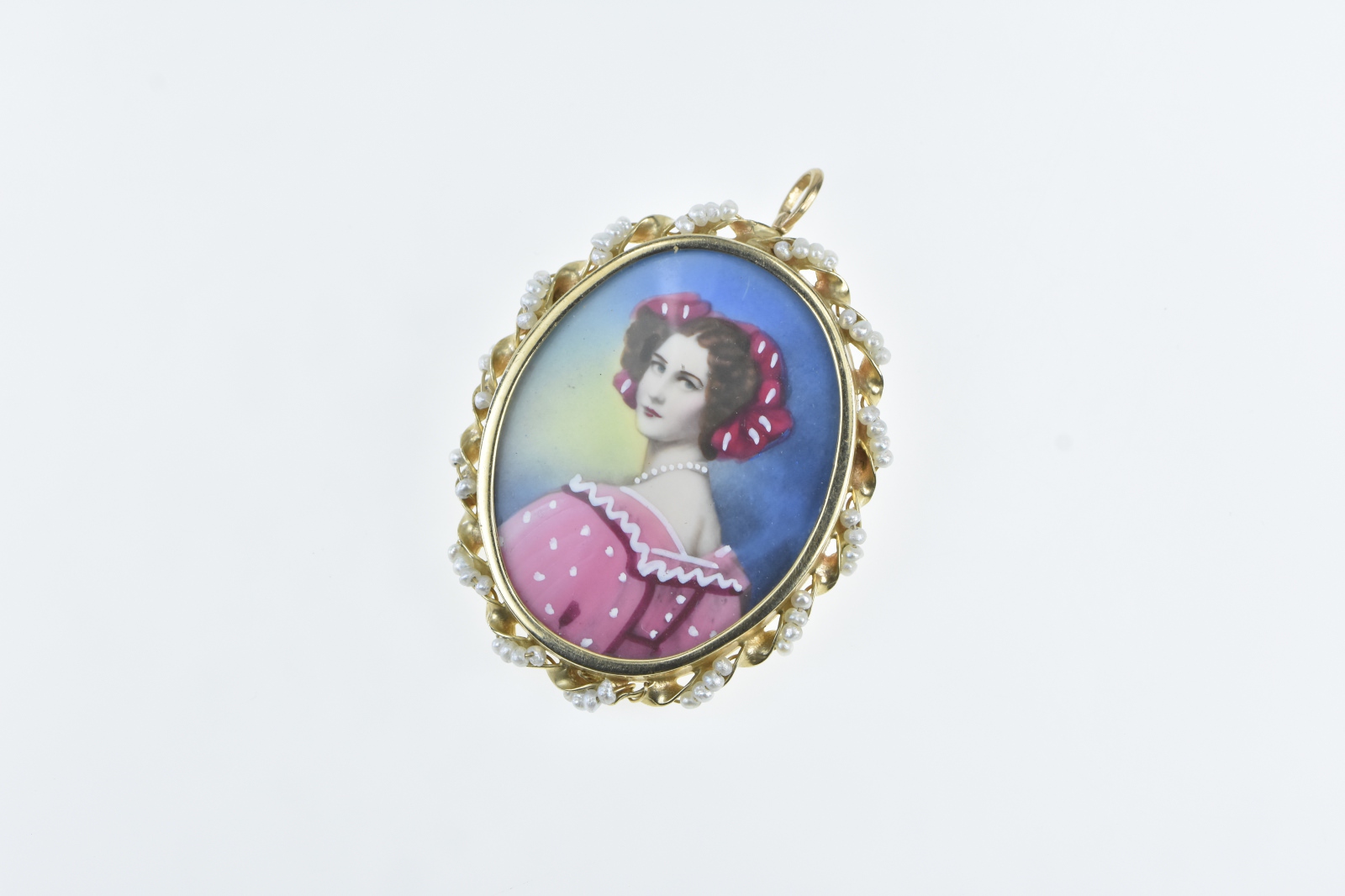 14K Gamliel Painted Lady Oval Seed Pearl Yellow Gold Pendant/Pin