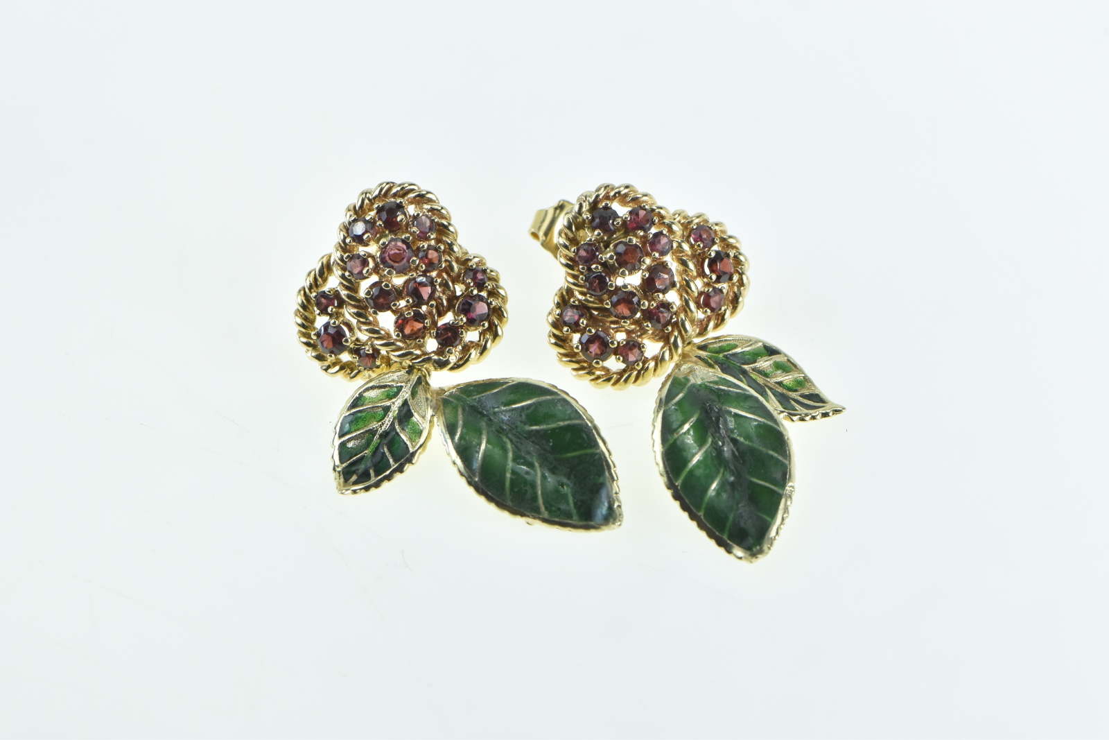 14K Garnet Encrusted Cherry Enamel Leaf Dangle Yellow Gold Earrings